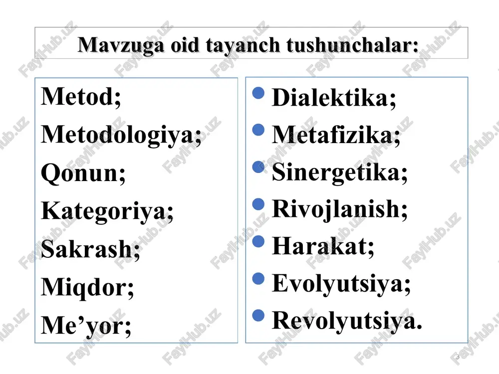 metodologiya boʼlib kelgan. ibn sino oʼzining xotiralarida aristotelning «metafizika» asarini 40 marotaba oʼqib chiqsa ham hech narsa tushuna olmaganligini, bu asarning mazmuniga forobiyning sharhlarini oʼqigandan soʼnggina tushunib yetganligini yozib qoldirgan. * ijodiy faoliyatda qo’llaniladigan ma’lum usullar tizimi (fanda, siyosatda, san’atda va h.k). metodlar yig’indisi va faoliyat turi haqida ta’limotdir yoki metod haqidagi nazariya. * metodologiya tushunchasi ikki mazmunga ega: * * dialektika (yunon. dialektika — bahs, suhbat) tabiat, jamiyat va bilish taraqqiyoti qonuniyatlari hamda ularning asosida shakllanadigan umumiy tafakkur uslubi va amaliy faoliyat haqidagi ta’limotdir. u grek tilida bahs va suhbatlashish san’ati, degan ma’noni anglatadi. antik dunyo faylasuflari uni haqiqatga erishish yo’li va usuli sifatida talqin etganlar. hozirgi davrga kelib dialektika olamdagi narsa va hodisalar doimo o’zgarishda, o’zaro aloqadorlik va bog’liklikda, taraqqiyot va rivojlanishda, deb tushunishdir. unga ko’ra, olamda o’z o’rniga va joyiga, yashash vaqti va harakat yo’nalishiga ega bo’lgan barcha narsalar va voqealar bir-birlari bilan bog’liq va aloqador tarzda, …