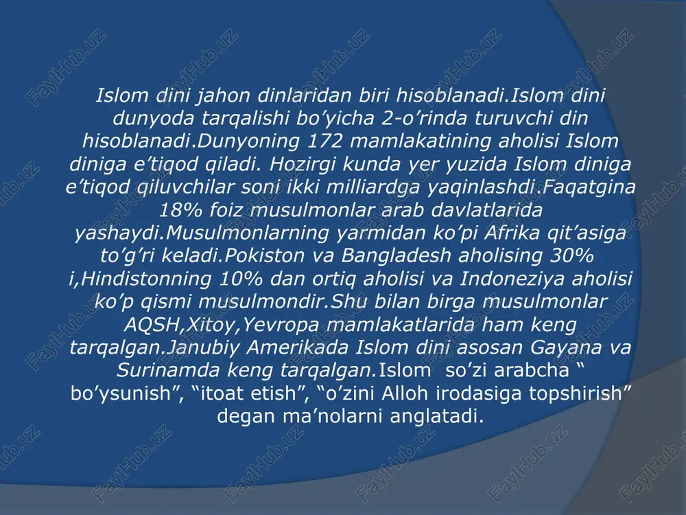 qolmaydigan kundir.uning qachon bo’lishini alloh taolodan boshqa hech kim bilmaydi. 6 .taqdir- alloh taolo tomonidan bo’lgan va bo’ladigan yaxshi,yomon ishlarning qayshi zamonda, qaysi joyda, qay ravishda bo’lmog’ini hamda o’z ilmi azaliysi bilan bo’lmasdan turib oldindan belgilab qo’yilishidir. 7.alloh taoloning qudrati bilan o’lgan bandalar qayta tiriladilar,so’ngra alloh taoloning tayin qilgan yeriga borib yig’iladilar.yig’iladigan joyning nomi ”mahshar yeri”, kun esa “qiyomat kuni” deb ataladi. 10 islom dini 5 ustunga ega. kalima keltirish ro’za tutish haj safari zakot berish namoz o’qish 1.kalimayi shahodat- allohdan o’zga iloh yo’qligiga va muhammad (s.a.v) uning bandasi va payg’ambar ekanligiga shohidlik beraman demoqlikdir.u arab tilida shunday deyiladi:”ashhadu an lo ilaha illallohu va ashhadu anna muhammadan abduhu va rasuluh”. 2.namoz o’zini musulmomnan deb hisoblaydigan har bir bandaga buyurilgan ibodatdir.namoz ibodati kuniga 5 mahal o’qiladi. 3.ro’za erta tongdan to kun botishiga qadar yemoq va ichmoqdan tiyilmoq va shunga niyat qilmoqlik demakdir.ro’za har bir musulmonning o’zi tutib berishi shart bo’lgan farz …