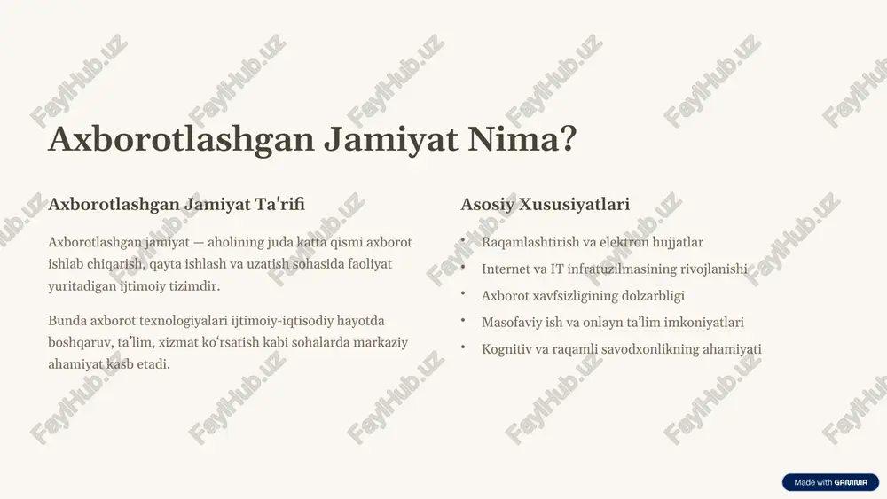 amli transformatsiya axborot tizimlarining zamonaviylashtirish va integratsiyasi. barqaror rivojlanish axborot texnologiyalaridan foydalanib, ijtimoiy-iqtisodiy jihatdan rivojlanishni ta’minlash. axborotlashgan jamiyat konsepti hayotning barcha jabhalarida raqamli innovatsiyalarni shijoat bilan qo‘llashga tayyorlash zarurligini ko‘rsatadi. ularga tayangan holda, kelajakda yanada samarali, inklyuziv va ilg‘or jamiyat qurilishi mumkin. 10 image2.png image1.png image3.png image4.png image5.png image6.png image7.png image8.png image9.png image17.png image10.png image11.png image12.png image13.png image14.png image15.png image16.png image18.png image19.png image20.png image21.png image22.png image23.png