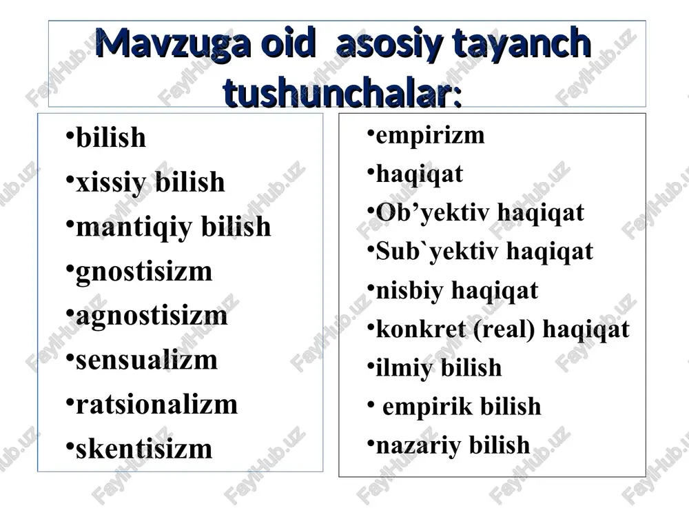 hayo, bardosh va sabr-qanoat. xushxulqlik, beozorlik, xokisorlik kabi xislatlar ekanligini ko‘rsatgan. tasavvufiiing boshqa oqimlari kabi naqshbandiylikda ham olamni bilish, avvalo, allohni bilish, uning kuch-qudratini anglashdir. bu borada insonga ong, tafakkur ato etilgan. beruniy “qadimgi xalqlardan qolgan yodgorliklar”, “masud qonunlari”, “hindiston” kabi asarlarida ijtimoiy bilimlarning mazmun-mohiyatiga katta e’tibor bergan. beruniyning tabiiy-ilmiy qarashlari «geodeziya», «minera’logiya» asarlarida ocz ifodasini topib, unda dunyoning o‘ziga xos tabiiy-ilmiy manzarasi va tabiat hodisalarini bilish masalalariga katta e’tibor qaratilgan bilish masalalari ibn sinoning «qushlar tili», «donishnoma», «tib qonunlari» kabi (100 ga yaqin) asarlarida ham o‘z ifodasini topgan. uning nazarida, o‘z ibtidosini allohdan oigan borliq va tabiat insonni o‘mb turuvchi abadiy makondir. shu jihatdan uni bilishdagi ahamiyati, qadri beqiyos, inson esa hamma ilmlami tabiatdan oladi, undan o‘ziga da'vo izlaydi va topadi. ibn sino moddiy dunyo predmetlarini sezgilar manbai deb hisoblab, ularning obyektiv tabiatini tashqi moddiy dunyo in’ikosi sifatida yoritadi. ibn sino bilishda hissiy bilish, sezgilar va sezgi a’zolarining ahamiyatini …