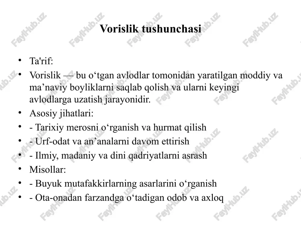 tahkamlash. - din orqali yoshlarni ruhiy tushkunlikdan olib chiqish. xulosa - vorislik — bu ota-bobolarimizdan qolgan bebaho meros. - yangilanish — bu merosni zamonga moslashtirib rivojlantirish. ikki tamoyil birgalikda ishlaganda: - jamiyat barqaror bo‘ladi - taraqqiyot barobar bo‘ladi - inson o‘zligini yo‘qotmaydi, ammo zamonaviy bo‘ladi 12. savol-javob va fikr almashish 1. sizning oilangizda qanday qadriyatlar vorislik sifatida saqlanadi? 2. qaysi sohalarda yangilanish sizga muhim tuyuladi? 3. vorislik va yangilanish orasidagi muvozanatni qanday saqlash mumkin? 4. o‘zingiz meros deb biladigan eng muhim qadriyat nima? 5. qaysi yangilik jamiyatda katta ijobiy o‘zgarish olib keldi deb o‘ylaysiz? 6. siz qanday yangilanishlar tarafdorisisiz? 7. vorislikni yo‘qotish qanday oqibatlarga olib kelishi mumkin? 8. zamonaviy texnologiyalar qadriyatlarimizga qanday ta’sir qilmoqda? 9. vorislikni saqlashda yoshlarga qanday rol berish kerak? 10. yangilanishga qarshi bo‘lish qachon to‘g‘ri bo‘lishi mumkin? etiboringiz uchun rahmat image1.png image2.jpeg image3.jpeg image4.jpeg image5.jpeg /docprops/thumbnail.jpeg