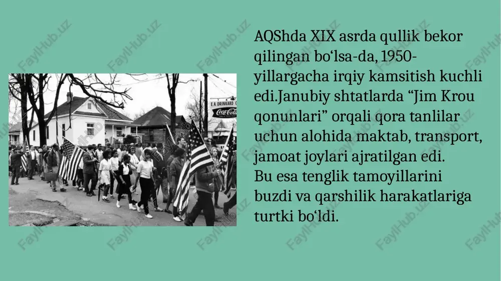 madagi hujumlar tasvirlari xalqaro rezonans keltirdi. axborot vositalari orqali jamoatchilik fikri o‘zgardi. 16 17 ijtimoiy natijalar fuqarolik harakati natijasida: irqiy segregatsiya bekor qilindi; qora tanlilar saylovlarda faol ishtirok eta boshladi; ish, ta’lim va sog‘liqni saqlash sohalarida imkoniyatlar kengaydi. 1960–70-yillarda afroamerikalik san’at, musiqasi (jazz, soul, funk), adabiyoti va kinolari keng ommalashdi. bu davr “black pride” (qora g‘urur) harakati deb atalgan madaniy uyg‘onish davri bo‘ldi. 18 aqshdagi fuqarolik harakati butun dunyoda milliy ozodlik harakatlariga ruhiy turtki berdi. janubiy afrika, hindiston, lotin amerikasi mamlakatlarida ham shunga o‘xshash kurashlar boshlandi. 19 1968-yilda king suiqasd natijasida halok bo‘ldi. biroq uning tinchlik, adolat va tenglik haqidagi g‘oyalari bugungi kunda ham dolzarb. har yili martin luther king kuni aqshda milliy bayram sifatida nishonlanadi. 20 xulosa fuqarolik huquqlari harakati aqsh tarixini o‘zgartirgan eng muhim ijtimoiy voqealardan biridir. 1950–1970-yillar mobaynida mamlakatda demokratiya, erkinlik va inson huquqlari tushunchasi kengayib, bugungi zamonaviy fuqarolik jamiyatining poydevori yaratildi. foydalanilgan adabiyotlar ro‘yxati king, martin …