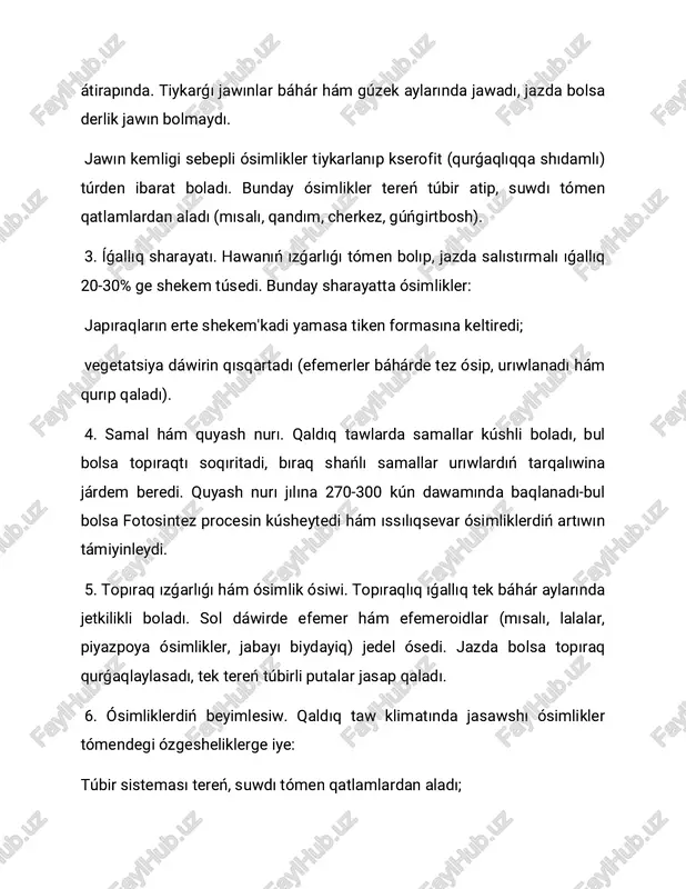 erekler-arsha aǵashı, badam, pıste, jiyde, taw terekleri. qaldıq tawlardıń topıraqları uzaq geologiyalıq dáwirler dawamında ıqlım, relyef, ósimlik oramı hám suw tásiri nátiyjesinde qáliplesken. bul aymaqlarda topıraqtıń quramı, ızǵarlıǵı hám ónimdarlıq biyiklik, jawın muǵdarı hám mexanik jemiriliw dárejesine qaray parıq etedi. topıraq túri tikkeley ósimliklerdiń tarqalıwı hám ósiw ózgesheligine tásir kórsetedi. 1. tómengi janbawırlar (bálent jerler zona). topıraq túri: boz topraqlar (ash boz hám toq boz). ózgeshelik: suw hám azıq zatlarǵa jarlı, jazda qurǵaqlay, shorlanıw dárejesi joqarı. ósimlik túrleri: seksewil, jantaq, cherkez, qandım, gúńgirtbosh. bul ósimlikler tereń túbirli, qurǵaqlıqqa sabırlı hám kebirge shıdamlı túrler bolıp tabıladı. 2. orta biyikliktegi bólim (800-1500 m). topıraq túri: taw qońır topraqlar, geyde kúshsiz juwılǵan boz topraqlar. ózgeshelik: boz topıraqlarǵa salıstırǵanda ónimli, ıǵallıq salıstırǵanda kóbirek, biraq qurǵaqlay ıqlım ústin. ósimlik túrleri: juwsan, astragal, boyan, biydayiq, efemerler bul zonada báhárgi efemer ósimlikler qalıń ósip, jazda tez qurıydı. puta hám yarım puta túrler bolsa mudam jasıl jaǵdayda qaladı. …