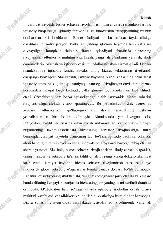 t hayotidagi ijtimoiy-iqtisodiy jarayonlarga biznesning ta’sirini tahlil qilish va uning istiqbollarini baholash muhim ilmiy va amaliy ahamiyatga ega. mazkur ishning asosiy maqsadi — jamiyat hayotida biznes sohasining ahamiyatini, uning iqtisodiy taraqqiyotdagi o‘rnini aniqlash va bu jarayonni rivojlantirish yo‘llarini o‘rganishdan iboratdir. ishda biznes faoliyatining turli shakllari, ularning ijtimoiy hayotga ta’siri, davlat tomonidan yaratilayotgan imkoniyatlar va mavjud muammolar tahlil qilinadi. shu bilan birga, o‘zbekiston sharoitida biznesni rivojlantirish uchun zarur bo‘lgan omillar, tashkiliy-huquqiy asoslar va iqtisodiy mexanizmlar o‘rganiladi. ishning vazifalariga biznes tushunchasining nazariy asoslarini tahlil qilish, uning jamiyatdagi o‘rni va funksiyalarini aniqlash, davlat siyosatining rolini baholash kiradi. shuningdek, ishda kichik biznes va xususiy tadbirkorlikning iqtisodiy rivojlanishdagi o‘rni, ularning ijtimoiy hayotga ta’siri va yangi imkoniyatlar yaratishdagi ahamiyati o‘rganiladi. ishning yana bir vazifasi — biznes sohasidagi muammolarni aniqlab, ularni bartaraf etish bo‘yicha taklif va tavsiyalar ishlab chiqishdan iborat. shu maqsadda ilg‘or xorijiy tajribalar ham tahlil qilinib, o‘zbekiston sharoitiga moslashtiriladi. natijada, jamiyat hayotida biznesni rivojlantirish bo‘yicha …