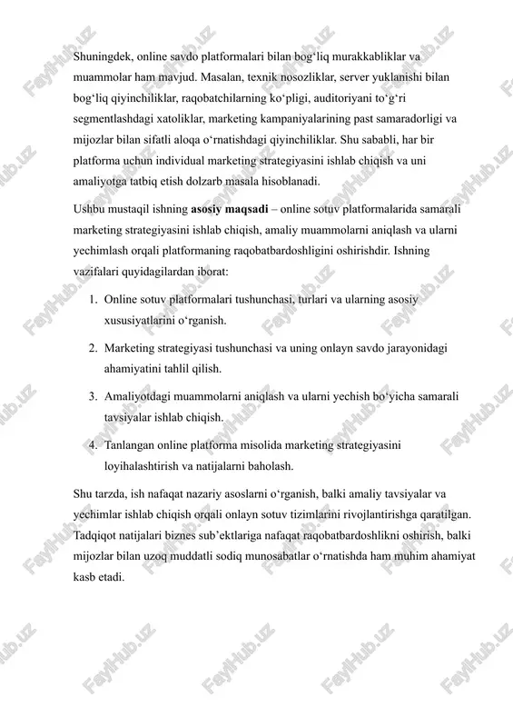 izimlar. ular quyidagi turlarga bo‘linadi: · b2c (business-to-consumer): korxona → mijoz (masalan, wildberries, amazon) · b2b (business-to-business): korxona → korxona (masalan, alibaba) · c2c (consumer-to-consumer): mijoz → mijoz (masalan, olx, avito) 1.1. online sotuv platformalari tushunchasi online sotuv platformalari – bu internet orqali mahsulot yoki xizmatlarni xaridorlarga taqdim etadigan, ularni sotish jarayonini avtomatlashtiruvchi va interaktiv tarzda amalga oshirishga imkon beruvchi raqamli tizimlardir. bunday platformalar nafaqat savdoni amalga oshirish vositasi sifatida xizmat qiladi, balki mijozlar bilan aloqa, to‘lovni amalga oshirish, mahsulotni yetkazib berish va xaridorlarni qoniqtirish jarayonlarini birlashtiruvchi kompleks tizim sifatida faoliyat ko‘rsatadi. online sotuv platformalari elektron tijoratning asosiy qismi bo‘lib, ular korxona va mijozlar o‘rtasidagi an’anaviy savdo jarayonini raqamli muhitga ko‘chirish orqali, mahsulotlarni sotish va xaridorlar bilan o‘zaro aloqalarni sezilarli darajada optimallashtiradi. shu bilan birga, bunday platformalar ko‘p hollarda foydalanuvchiga qulay interfeys, turli to‘lov tizimlari bilan integratsiya va yetkazib berish xizmatlarini taqdim etadi. online platformalarning eng asosiy afzalligi – 24/7 …