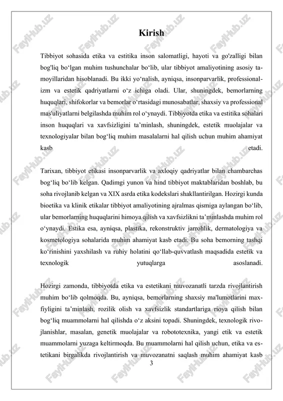 ushunchalarining asosiy mohiyatini, ularning tibbiyotdagi o‘zaro aloqasi va ahamiyatini yoritamiz. etika – bu insonlar va jamiyatlar o‘rtasida to‘g‘ri va adolatli munosabatlarni belgilovchi qadriyatlar, axloqiy me’yorlar va prinsiplar to‘plamidir. tibbiyotda etika xususan, bemorlarning huquqlarini hurmat qilish, shifokorlar va bemorlar o‘rtasidagi ishonchli munosabatlarni shakllantirish, shuningdek, shifokorlarning professional va shaxsiy mas’uliyatlarini aniqlash bilan bog‘liq. tarixan, tibbiyot etikasi insonparvarlik va axloqiy qadriyatlar bilan bog‘liq bo‘lib, qadimgi yunon va hind tibbiyot maktablaridan boshlab rivojlanib kelgan. xix asrda etika kodekslari shakllanib, shifokorlarning vazifalari va huquqlarini belgilab berdi. hozirgi kunda bioetika va klinik etikalar tibbiyot amaliyotining ajralmas qismiga aylangan bo‘lib, bemorlarning huquqlarini himoya qilish, ma’lumotlarning maxfiyligini ta’minlash va muolajalar xavfsizligini nazorat qilish kabi masalalarni o‘z ichiga oladi. estika esa, tibbiyotda estetik va go'zallik bilan bog‘liq qadriyatlar, muolajalar va texnikalarni anglatadi. bu soha ayniqsa, plastika va rekonstruktiv jarrohlik, dermatologiya va kosmetologiyada muhim o‘rin tutadi. estika bemorning tashqi ko‘rinishini yaxshilash, uning ruhiy holatini qo‘llab-quvvatlash va estetik muolajalar orqali insonning …