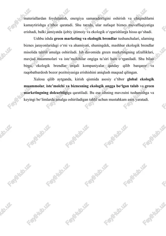 eting strategiyasidir. ushbu marketing turi odatiy marketingdan farq qiladi: odatiy marketing asosan kompaniya daromadi va mahsulotni iste’molchiga yetkazish ustuvorligiga asoslangan bo‘lsa, green marketing ekologik va ijtimoiy mas’uliyatni ham birinchi o‘ringa qo‘yadi. green marketingning asosiy maqsadi – iste’molchini mahsulotning ekologik afzalliklari haqida xabardor qilish, shuningdek, ularni atrof-muhitni himoya qiluvchi mahsulotlarni tanlashga rag‘batlantirishdir. asosiy mohiyat jihatlari: · barqarorlik: mahsulot yoki xizmat ishlab chiqarishda tabiiy resurslardan oqilona foydalanish, chiqindilarni kamaytirish. · ekologik xavfsizlik: mahsulotning atrof-muhitga zarar keltirmasligi. · ijtimoiy javobgarlik: kompaniya faqat iqtisodiy foyda bilan cheklanmay, jamiyat va tabiat manfaatlarini ham hisobga oladi. green marketing — bu marketing strategiyasining bir turi bo‘lib, unda kompaniya o‘z mahsulot va xizmatlarini ishlab chiqarish, sotish va targ‘ib qilish jarayonlarida ekologik barqarorlikni, atrof-muhitni himoya qilishni va ijtimoiy mas’uliyatni birinchi o‘ringa qo‘yadi. uning mohiyati shundaki, korxona nafaqat iqtisodiy foyda olishga, balki ijtimoiy va ekologik mas’uliyatni ham amalga oshirishga harakat qiladi. an’anaviy marketing asosan iste’molchilarning ehtiyojlarini qondirish va kompaniya foydasini …