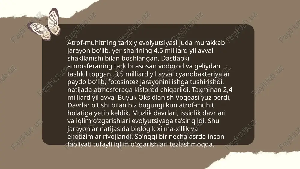va ehtiyotkor ekologiya qishloq xo'jalik ishlab chiqarishni tabiatga zarar keltirmasdan yuritishni maqsad qiladi. bugungi kunda o'zbekistonda qariyb 4 million gektar yer qishloq xo'jaligida foydalaniladi. suv resurslarini tejash maqsadida tomchilatib sug'orish tizimlari joriy qilinmoqda. global issiqlik 1°c ga oshsa, hosildorlik 5-10% kamayishi mumkin. yiliga 1,5 million tonna o'g'it sarflanadi, bu karbonsizlikka qarshi kurashda muhim. o'rmonlar 1% ga o'ssa, karbonat angidrid miqdori muvozanatga keladi. o'zbekistonda agrosanoat mahsulotlari eksporti qariyb 25% ga oshdi, ammo ekologik xavfsizlik saqlanishi kerak. ... t.me/slaydai_bot o'rmonlarni saqlash va tiklash strategiyalari doirasida bir qancha muhim yo'nalishlar mavjud. dastlab, milliy darajada o'rmonlarni himoya qilish zonalarini kengaytirish maqsadida 30 foizgacha hududlarni ajratish ko'zda tutilgan. shuningdek, har yili bir millionga yaqin daraxt ko'chatlarini ekish va parvarishlash rejalangan. mintaqaviy hamkorlik orqali esa chegaradosh davlatlar bilan birgalikda o'rmon yong'inlari va noqonuniy daraxt kesishga qarshi samarali choralar ko'riladi. tiklash ishlari uchun maxsus texnologiyalar joriy qilinib, regenerativ qishloq xo'jaligi amaliyotlari o'rmonlar atrofida joriy etiladi. ushbu chora-tadbirlar …