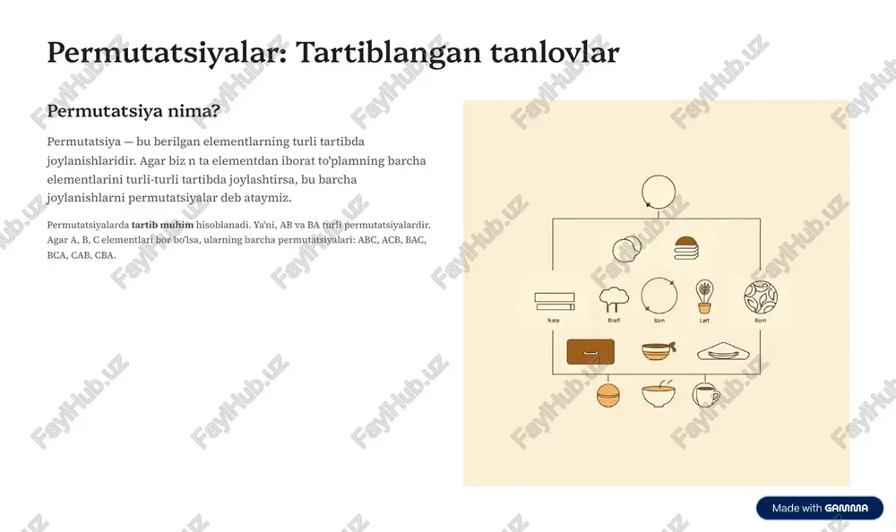 lab olish: c'(n,k) = c(n+k-1, k). masalan, 3 xil qondishnomadan 5 tani tanlab olish (bitta qondishnomani bir nechta marta tanish mumkin): c(3+5-1, 5) = c(7,5) = 21 ta usul. 3 takrorlash bilan o'rinlashtirish aliphabetin harflaridan suz tuzish, raqamlardan kod yozish 4 bu turli- turli takrorlanuvchi elementlarning o'rinalastirilishi. agar n ta elementning ichida birinchi element k¡ marta, ikkinchi element k¢ marta va h.k. qaytarildigan bo'lsa, barcha permutatsiyalar soni: n!/(k¡!k¢!...k¹!) https://gamma.app/?utm_source=made-with-gamma kombinatorikaning amaliy qo'llanilishi lotereyalar kombinatsiyalar yordamida lotereyada o'yin o'ynashning ehtimolligini hisoblash. masalan, 45 ta raqamdan 6 tasini tanlab olish: c(45,6) = 8,145,060 ta har xil kombinatsiya. parol va shifrlash kompyuter parollarini tuzseda kombinatorika qonunlaridan foydalaniladi. 26 ta harf va 10 ta raqamdan 8 xonali kod tuzish: 36^8 = 2.8 × 10¹² ta har xil kod mumkin. tarmoq va graf nazariyasi telekommunikatsiyada, logistikada va kompyuter tarmog'ida kombinatorika ishlatiladi. masalan, n ta saytni bog'lash uchun necha ta chiziq kerak ekanligini hisoblashda. ilm va …