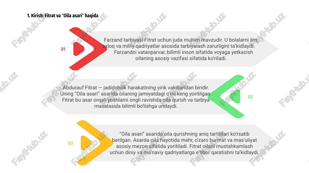 ing yaxshi namuna bo‘lishi kerakligi urg‘ulanadi. oila muhiti pokiza bo‘lsa, kelajak avlod ham sanoqli, sofdil yetishadi. 3 03 a.fitratning “oila asari”da er-xotin o‘rtasidagi hurmat asosiy qadriyat sifatida ko‘rsatiladi. er va xotin o‘zaro hurmatni saqlashi juda muhim. 02 oilada ahillikni ta’minlash uchun er-xotin bir-birini tushunishi va qadrlashi kerak. bu farzandlar tarbiyasiga ham ijobiy ta’sir ko‘rsatadi. 8. er-xotin o‘rtasidagi hurmat va ahillik 01 er-xotin o‘rtasidagi yaxshi munosabat farzandlar uchun namunadir. ularda mehr-oqibatli, hurmatli, mas’uliyatli oilaviy axloq shakllanishiga yordam beradi. 9. oila boshqaruvi va mas'uliyat 3 oila boshqaruvi “oila” asarida muhim ahamiyatga ega bo‘lib, erkak va ayolning o‘zaro hurmat va hamkorlik asosida harakat qilishini belgilaydi. 2 fitrat, oila boshliqlarining oila a'zolari oldidagi majburiyatlari, adolat va mehribonlik bilan boshqarish zarurligini ta’kidlab, mas’uliyatni kuchli e’tirof etadi. 1 farzand tarbiyasida ota-onaning namunaviy xulqi va mehribon munosabatlari muhim hisoblanib, oilaviy ahillik va ijtimoiy tartibning asosi sifatida ko‘rsatiladi. 10. ota-onaning farzand oldidagi majburiyatlari a.fitratning “oila” asarida ota-onaning farzand …