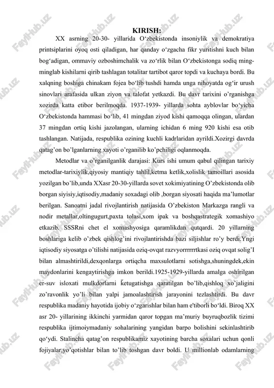 ‘ldi. 20-yillar oxirlarida stalin tomonidan yangi nazariy qarash sifatida ilgari surilgan «sotsializm mustahkamlanib borgan sari sinfiy dushman qarshiligi ham kuchayib boradi» degan g‘oya g‘ayriqonuniy xatti-harakatlarning avj olishiga olib keldi. stalin va uning atrofidagilar mamlakat va partiya hayotiga oid har bir masalada o‘z irodasi, hukmini boshqalarga majbur etib, har qanday muxolifatchi qarashlarni, ularning tashuvchilarini mahv etib bordilar. shu tariqa, mamlakatda lenin tomonidan asos solingan totalitar boshqaruv tizimini stalin yanada kuchaytirdi. bu tizimning mohiyati shundaki, unda davlat boshqaruvi markazlashgan va buyruqbozlik xarakteriga ega bo‘ladi. ijtimoiyot, iqtisodiyot, madaniyat, ma’naviyat sohalari ustidan qattiq nazorat o‘rnatiladi. turli xil tarzda fikr, tafakkur yuritish, muxolifatchilik harakatlarida bo‘lish qat’iyan man etiladi, siyosiy erkinliklar taqiqlanadi.[footnoteref:1] [1: eshov b. , odilov a. “o’zbekiston tarixi”. 1-jild, darslir,-t.: yangi asr avlodi. 2014. ] ayni chog‘da demokratiya buziladi, ilg‘or, taraqqiyparvar kuchlar qatag‘onlikka mahkum etiladi. hukmron partiyaning yagona irodasi, o‘zboshimchaligi, chegara bilmas zo‘ravonligi avjga minadi. mamlakatda totalitar tuzumning qaror topishi milliy sovet respublikalari hayotiga …