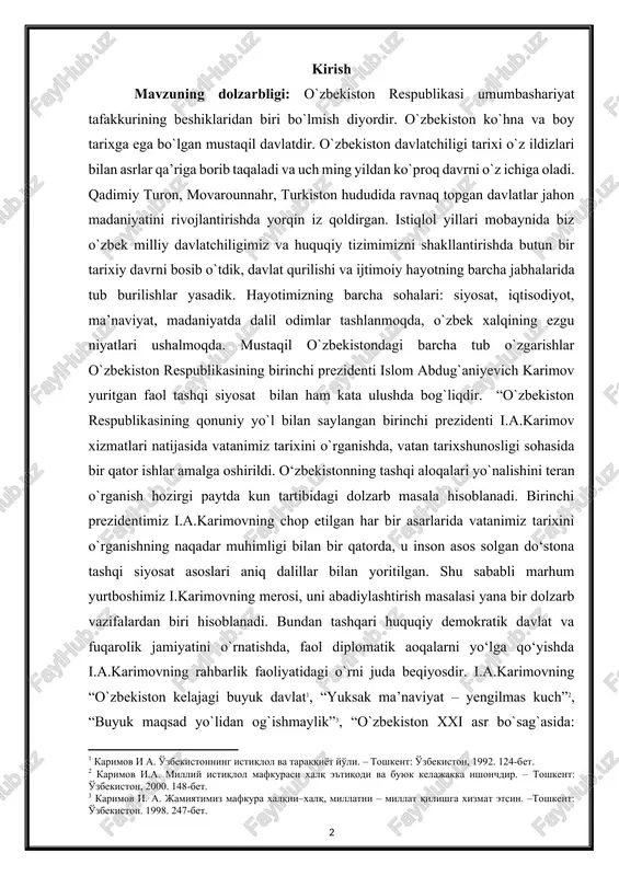 i aloqalar masalasi to`laqonli va sermazmun siyosiy jamoatchilik faoliyati haqida xorijiy olimlar l.levitin, d.s karlayl, m.s. g`attorli, a.ch. kasayev, n.l. mishin va shuningdek, o`zbek mualliflari n.to`xliyev, a.ibrohimov, a.erkayev, s.xolboyev, q.radjabov, n.quvvatov, sh.qobilov kabilarning asarlarida ma’lumotlar mavjud. “ayniqsa, taniqli sharqshunos olim s.xolboyevning “milliy mustaqillik va taraqqiyotning o`zbek modeli” nomli salmoqli monografiyasida i.a.karimovning tashqi siyosat sohasidagi qarashlari tahlil qilingan[footnoteref:5]. [5: xolboev s. milliy mustaqillik va taraqqiyotning o'zbek modeli. – t.: o'qituvchi, 2015. 213-bet.] leonind levitin islom karimov faoliyatiga oid bo`lgan asari “islom karimov – yangi o`zbekiston prezidenti” asarida karimovning faoliyatini o`rganish sababini avstriya respublikasi federal kansleri frans vraniski so`zlari bilan quyidagicha izohlaydi: “sovet ittifoqi parchalanishi bilan o`rta osiyo mintaqasi chekkachekkalardan jahon hamjamiyati siyosiy manfaatlarining markaziga siljib o`tdi. mintaqaning yangidan tashkil topgan mamlakatlari: kommunizm merosidan xalos bo`lish, bozor iqtisodiyoti, baquvvat infrastruktura, zamonaviy boshqaruv apparatini yaratish zaruriyatlari singari katta muammolarga to`qnash keldi. bir vaqtning o`zida demokratiyani va huquqiy davlat prinsiplarini ularning ming yillik tarixi …