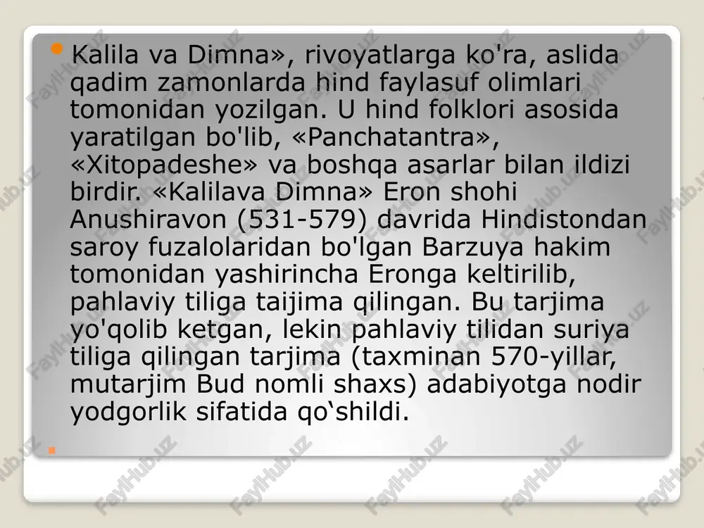 an hikoyati naql qilibdurlarki, bir badavlat savdogar bor ekan, uning bolalari katta bo’lgan larida hech qanday ish bilan mashg\il bolishni istamabdilar. otalarining molini sovura boshlabdilar. ota ularni yig‘ib debdi: — 0 ‘g‘iliarim! odam bu dunyoda uch narsaga intiladi, bu uch narsa esa to‘rt vosita bilan qo lga kiritiladi. bu uch n arsan in g biri — yaxsh i turm u sh kechirmoq, ikkinchisi odamlar orasida yuksak mavqega ega bolmoq, uchinchisi — oxirat savobini topmoq uchun savobli ishlar qilmoqdir. bu uch narsaga erishmoq uchun vosita bolgan to'rt narsa quyidagilardir: halol mehnat bilan davlat to'plamoq; qo lga kiritilgan davlatni saqlay bilmoq; isrofga yo‘1 qovmasdan davlatini o‘zi, oilasi va aka-ukalari uchun xarjlam oq ... n ihoyat, mumkin qadar o‘zini ziyonli ish lard an tiymoq. kalilaning maymun va duradgor haqidagi hikoyati naql qilibdurlarki, bir m aymun bir duradgorn ing yog'och ustida otirib pona bilan uni yorayotganini ko ‘rdi. d u radgor bir ponan i …