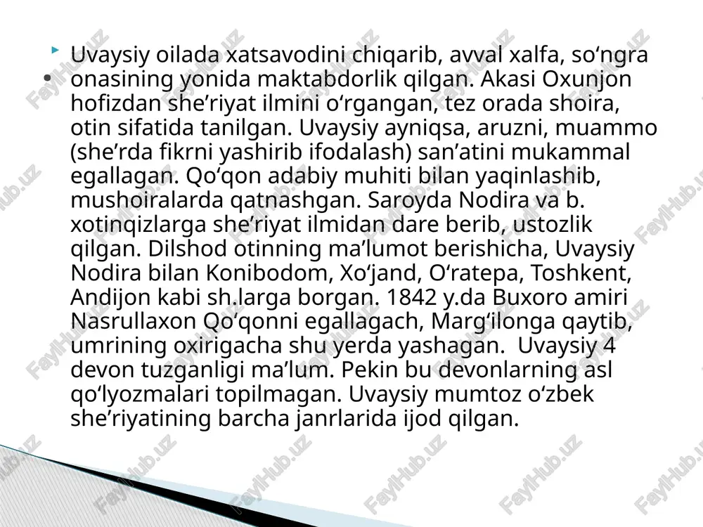 she’rlaridan tashqari, uning «shahzoda hasan», «shahzoda husan» kabi liroepik asarlari va «voqeoti muhammad alixon» kabi tarixiy dostonlari mavjud. shoiraning liroepik dostonlari islom tarixi bilan bog‘liq voqealar asosida yaratilgan. uvaysiy asarlari o‘zining latif mazmuni va dilkash badiiyligi bilan xalq ommasi orasida keng yoyilgan, hofizlar, xonandalar tomonidan maqom va xalq ohanglari yo‘lida kuylanib kelinadi. uning xattotlar tomonidan ko‘chirilgan 3 nusxa qo‘lyozma devoni o‘zbekiston fanlar akademiyasi beruniy nomidagi sharqshunoslik instituti va andijon universiteti kutubxonasida saqlanadi. . mehnatu alamlarga mubtalo uvaysiyman, qayda dard eli bo’lsa, oshno uvaysiyman, istadim bu olamni, topmadim vafo ahlin, barchadin yumub ko’zni muddao uvaysiyman. uz diling taalluqdin, band qil xudo sori, to degil kecha-kunduz: “mosivo uvaysiyman!” kechalar fig’onimdin tinmadi kavokiblar, arz to samo uzra mojaro uvaysiyman. . zamona kulfatidin bu ko’ngul dog’ o’ldi, dog’ o’ldi, bu charxi bemuruvvatdin ko’ngul dog’ o’ldi, dog’ o’ldi. jarohat bo’ldi bag’rim tig’i bedodi raqiblardin, bu ko’tohfahm mardumdin ko’ngul dog’ o’ldi, dog’ o’ldi. bu gulzori fano …