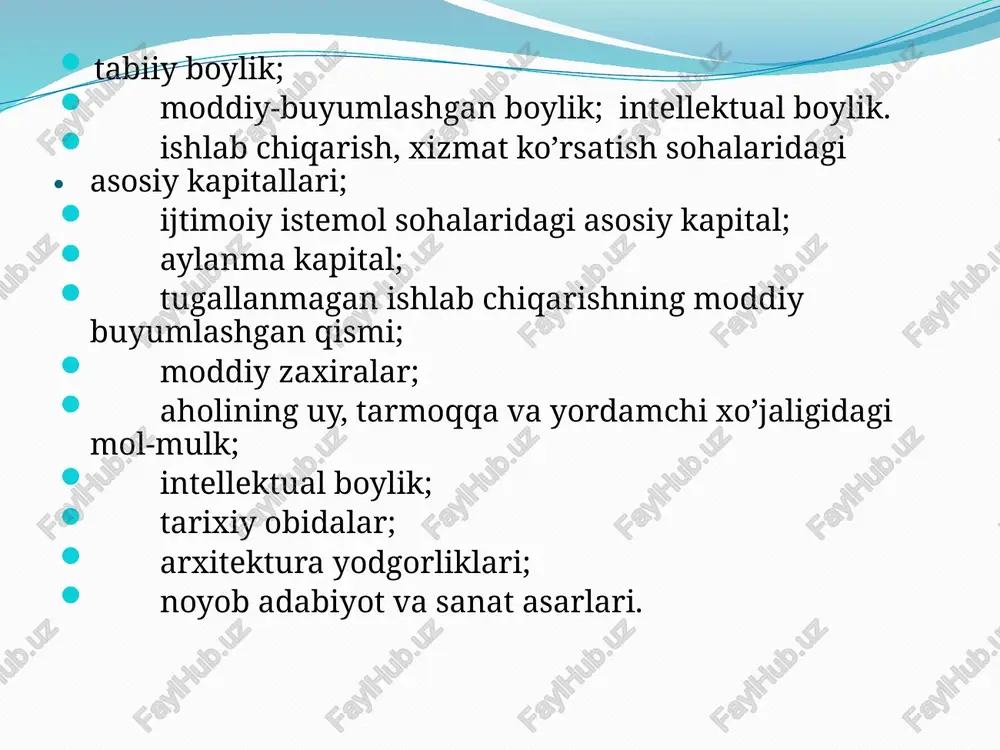 tligi, madaniy-ma’naviy, intellectual salohiyati, to’plagan bilimi, malaka mahorati majmui kiradi. milliy boylikka dastlabki baho 1789 yilda fransiyada berilgan. aqsh da esa 1805 yilda sobiq ittifoqda dastlab xx asrning 30 yillarida milliy boylik miqdorini o’lchashga harakat qilingan. o’sha paytda statist vaynshteyn rossiyaning milliy boyligini 1914 yil 1 yanvari xolati bo’yicha hisoblagan jahon mamlakatlari milliy boyligi tarkibi va uni ko’paytirish tajribasi milliy boylikning tarkibiy qismlarini belgilash, ularni yagona kontseptsiyalar asosida qiymatini, tarkibi, dinamikasi hamda foydalanish darajasini hisoblash va iqtisodiy-statistik tahlil qilish maqsadida, bmt statistika komissiyasi huzurida va jahon banki qoshida dj. dikson (aqsh) va k. xamilton (kanada) boshchiligida ishchi guruh tuzilgan. ushbu guruh milliy boylikning elementlari bo’yicha qiymati, tarkibi, aholi jon boshiga to’g’ri keladigan darajasi hamda indeksini hisoblaydi. k. xamiltonning hisob-kitoblariga qaraganda, ko’pgina mamlakatlarda (aholi jon boshiga to’g’ri keladigan yaim darajasi jahon darajasidan past bo’lganlarida) umumiy kapital hajmining o’sish sur’ati aholi sonining o’sish sur’atidan pastdir. . milliy boylik statistikasini tadqiq qilishda uning …