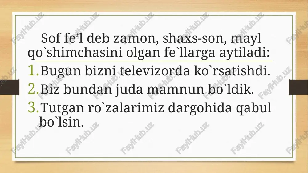 `rsatkich sanaladi. ravish yasalishi harakat va holatning, belgining belgisini bildiradigan so‘zlar ravish deyiladi. ravishlar qanday? qanaqa? qancha? qay holatda? qay tarzda? qachon? kabi so‘roqlarga javob bo‘ladi. ravish morfologik jihatdan o‘zgarmaydi. ravishlarning ma’no jihatidan quyidagi turlari bor: holat (tarz) ravishlari: tez, sekin, asta, piyoda; miqdor-daraja ravishlari: oz, ancha, picha, sal; o‘rin ravishlari:quyi, yuqori; payt ravishlari: hozir, kecha; sabab ravishlari: noiloj, ilojsiz; maqsad ravishlari: ataylab. . ravishlar ham morfologik va sintaktik usullar bilan yasaladi. ravish yasovchi qo‘shimchalar: -cha: ayolcha, ruscha. -an: tasodifan. -lab: yaxshilab. -larcha: mardlarcha. -ona: do‘stona. -lay, -layin, -ligicha: butunligicha. sintaktik usul bilan qo‘shma: ozmuncha va murakkab ravishlar: har qachon, juft ravishlar: qishin-yozin hosil bo‘ladi. e`tiboringiz uchun rahmat! image5.png image6.png image7.jpeg image3.png image4.png /docprops/thumbnail.jpeg