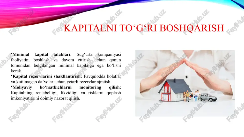 va regulyativ talablarni bajarish sug‘urta qonunchiligiga rioya qilish: regulyator talablariga mos keladigan kapital va rezervlar. moliyaviy barqarorlik ko‘rsatkichlarini saqlash: regulyatorlar belgilagan minimal ko‘rsatkichlar (solvency ratio)ni bajarish. premiumlarni riskga moslashtirish: har bir sug‘urta turi uchun to‘lovlar va tariflarni kompaniya moliyaviy holatiga mos belgilash. shartnoma shartlarini optimallashtirish: juda katta majburiyatlarni oldini olish, masalan, cheklovlar va eksklyuziv shartlar qo‘yish. innovatsion mahsulotlar: raqamli sug‘urta va mikro-sug‘urta mahsulotlarini joriy etish orqali yangi mijozlarni jalb qilish va riskni tarqatish. xulosa sug‘urta kompaniyalarida moliyaviy barqarorlikni ta’minlash bir necha usullar orqali amalga oshiriladi: kapital va rezervlarni boshqarish, risklarni diversifikatsiya qilish va reasüranslash, likvidlikni ta’minlash, konservativ investitsiyalar, moliyaviy nazorat, mahsulotlarni to‘g‘ri shakllantirish va regulyativ talablarni bajarish. ushbu usullar kompaniyaning moliyaviy mustahkamligini mustahkamlashga, mijozlar oldidagi majburiyatlarni o‘z vaqtida bajarishga va bozordagi o‘zgarishlarga bardosh berishga xizmat qiladi. e’tiboringiz uchun raxmat image2.png image3.jpeg image4.jpeg image5.jpeg image6.jpeg image7.jpeg image8.jpeg image1.png concept of insurance /docprops/thumbnail.jpeg