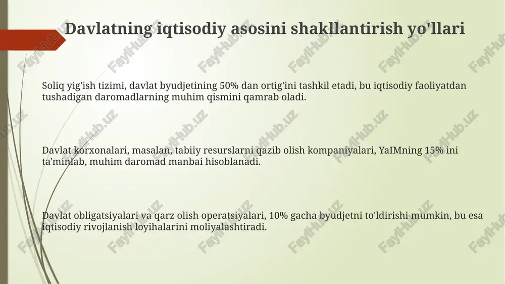 an kompleks chora-tadbirlarni oʻz ichiga oladi. bojxona siyosati import va eksport tovarlariga bojlar qoʻyish, tariflarni belgilash, bojxona rasmiylashtiruvi qoidalarini ishlab chiqish orqali davlat budjetini toʻldirishga xizmat qiladi. oʻzbekistonning tashqi savdo aylanmasi 2023-yilda 60 milliard dollardan oshdi. bu davlatning global iqtisodiyotdagi integratsiyasini va savdo hamkorlik aloqalarini mustahkamlashga qaratilgan strategiyasining natijasidir. pul-kredit siyosati va moliya sektori moliya sektori banklar, sug'urta kompaniyalari va investitsiya fondlarini o'z ichiga oladi, ular kapitalni samarali taqsimlash orqali iqtisodiy o'sishni rag'batlantiradi. pul-kredit siyosati inflyatsiyani 5 foizlik targetga erishish uchun foiz stavkalarini o'zgartiradi va likvidlikni boshqaradi, bu esa iqtisodiy barqarorlikni ta'minlaydi. markaziy bank pul massasini nazorat qilish, banklarni tartibga solish va to'lov tizimlarini boshqarish orqali moliyaviy barqarorlikni ta'minlashda muhim rol o'ynaydi. davlat-xususiy sherikchiligi (dxsh) dxsh loyihalari davlat va xususiy sektorlarning resurslarini birlashtirib, infratuzilmani modernizatsiya qilish va 20-30 yilgacha bo'lgan uzoq muddatli shartnomalar asosida xizmat ko'rsatishni yaxshilaydi. dxsh davlatga byudjet mablag'larini tejashga yordam beradi, chunki xususiy sektor loyihalarni moliyalashtiradi va …