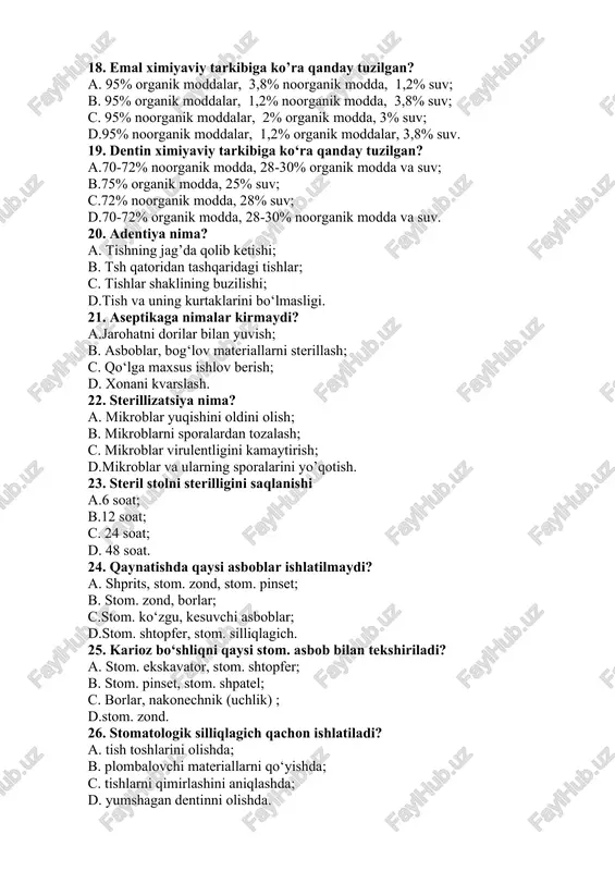 nakonechnik (uchlik) ; d.stom. zond. 26. stomatologik silliqlagich qachon ishlatiladi? a. tish toshlarini olishda; b. plombalovchi materiallarni qo‘yishda; c. tishlarni qimirlashini aniqlashda; d. yumshagan dentinni olishda. 27. stomatologik bemorlarning tibbiy varaqasini ko’rsating: a. f- 025 u; b. f- 030 u; c. f- 043 u; d. f- 039 u. 28. bemorlarni tekshirishda qanday asboblar qo‘llaniladi? a. stom. oyna va stom. silliklagich; b.stom. oyna, stom. zond, stom. pinset; c. stom. shpatel, stom shtopfer, stom. ekskavator; d.stom. oyna, stom. shpatel. 29. bemorlarni asosiy tekshirish usullariga nimalar kiradi? a. termodiagnostika usuli; b.so‘rab- surishtirish, anamnez yig‘ish; c. rentgenologik tekshirish usuli; d. biopsiya, sitologik tekshirish usuli. 30. elektroodontodiagnostikada sog’lom tishlar qanday tok kuchiga javob beradi? a. 2-6 mka; b. 50-60 mka; c. 80-100 mka; d. 120-200 mka. 31. elektroodontodiagnostika nimani sezuvchanligini aniqlashda qo‘llaniladi? a.tish pul’pasi va periodontni; b. og‘iz bo‘shlig‘i shilliq qavatini; c. al’veolyar o’simtani; d. milklarni. 32. bakteriologik tekshirish quyidagi kasalliklarda qo‘llaniladi: a. nokaries kasalliklarida; …