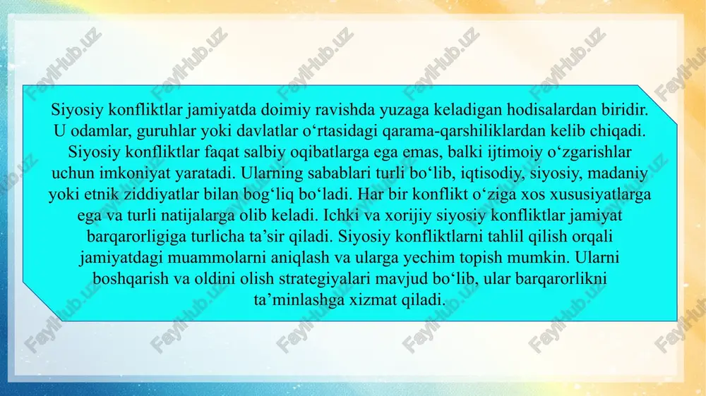 r yoki davlatlar o‘rtasida yuzaga keladigan qarama-qarshiliklar, ularning manfaatlari yoki maqsadlari ziddiyatga kelganda paydo bo‘ladi. ilmiy tadqiqotlarda siyosiy konfliktni ijtimoiy munosabatlar va hokimiyat resurslari bo‘yicha ziddiyat sifatida tahlil qilishadi. 3 ichki siyosiy konfliktlar davlat ichida yuzaga keladigan nizolardir. ular partiyalararo raqobat, etnik guruhlar o‘rtasidagi qarama-qarshilik, diniy ziddiyatlar yoki ijtimoiy qatlamlar orasidagi adovatlar shaklida namoyon bo‘ladi. bu turdagi konfliktlar ko‘pincha qonuniy tartib va jamiyat barqarorligiga ta’sir qiladi. xorijiy siyosiy konfliktlar ikki yoki undan ortiq davlatlar o‘rtasida yuzaga keladi. ular hududiy nizolar, siyosiy yoki iqtisodiy manfaatlar to‘qnashuvi, shuningdek, global miqyosdagi mojaro sifatida namoyon bo‘lishi mumkin. bu konfliktlar xalqaro munosabatlarni murakkablashtiradi va ba’zan harbiy harakatlarga olib keladi. siyosiy konfliktlar shiddat darajasiga ko‘ra turlicha bo‘ladi. sust konfliktlar faqat munozara yoki tortishuv shaklida kechadi, o‘rta darajadagi konfliktlar ijtimoiy tartibsizliklarga olib keladi. keskin konfliktlar esa ommaviy namoyishlar va to‘qnashuvlarga sabab bo‘ladi, eng yuqori darajadagi konfliktlar esa harbiy harakatlar va urushlarga olib kelishi mumkin. diplomatik vositalar yordamida …