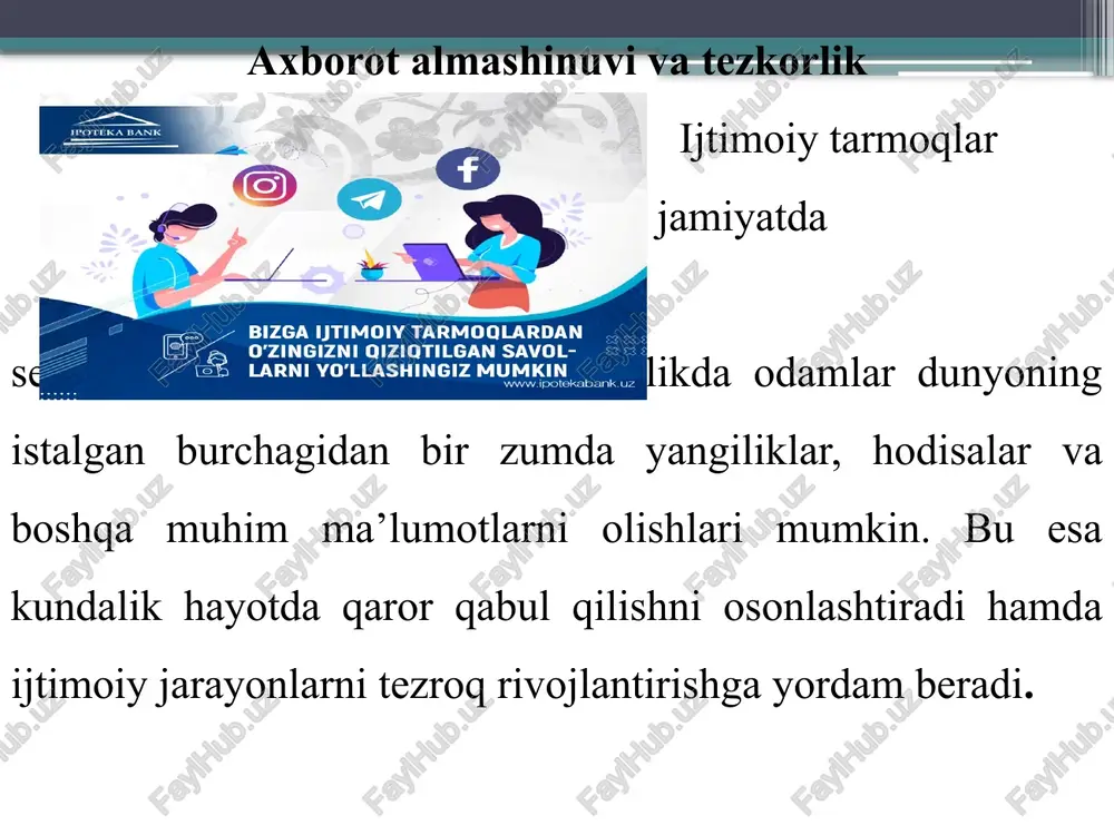 t: o‘zbekiston milliy universiteti nashriyoti. karimova, n. (2019). “ijtimoiy tarmoqlar va yoshlar ongiga ta’siri”. ilmiy axborotnoma, 5(12), 45-50. islomov, s. (2021). axborot kommunikatsiya texnologiyalari va jamiyat. toshkent: fan va texnologiya qodirov, m. (2018). ijtimoiy tarmoqlarning ijtimoiy va madaniy ta’siri. toshkent: yoshlar nashriyoti. tursunova, l. (2022). “ijtimoiy tarmoqlar va ularning jamiyatdagi o‘rni”. jamiyatshunoslik jurnali, 3-son, 78-84. image2.jpeg image3.jpeg image4.jpeg /docprops/thumbnail.jpeg