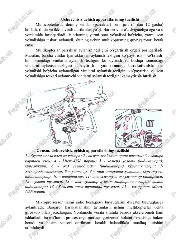 ko'tarish; bir tomondagi vintlarni aylanish tezligini ko’paytirish va boshqa tomondagi vintlarni aylanish tezligini kamaytirish - yon tomonga harakatlanish; soat yo'nalishi bo'yicha aylanadigan vintlarni aylanish tezligini ko’paytirish va soat yo'nalishiga teskari aylanuvchi vintlarni aylanish tezligini kamaytirish-burilish. 2-rasm. uchuvchisiz uchish apparatlarining tuzilishi 1 - burish moslamasi va kamera; 2 - vizual joylashtirish tizimi; 3 - xotira kartasi uyasi; 4 - micro-usb porti; 5 - kamera holati (indikatori); ko'rsatkichi; 6 - old svetodiodli (indikatori) ko'rsatkichlari; 7- elektrodvigatellar; 8 – vintlar; 9 –uchish apparati holatini ko'rsatuvchi indikatorlar; 10 – antennalar; 11- intellektual akkumulyator batareyasi; 12- quvvat tugmasi; 13 – akkumulyator quvvat miqdorini nazorat qilish indikatori; 14 - tizimni ishga tushirish tugmasi; 15 - kamerning micro-usb porti. mikroprotsessor tizimi radio boshqaruv buyruqlarini dvigatel buyruqlariga aylantiradi. barqaror harakatlanishni ta'minlash uchun multikopterlar uchta giroskop bilan jixozlangan. yordamchi vosita sifatida ba'zida akselerometr ham ishlatiladi, bu ma'lumot protsessorga mutlaqo gorizontal holatni o'rnatishga imkon beradi va bosim sensori qurilmani kerakli …