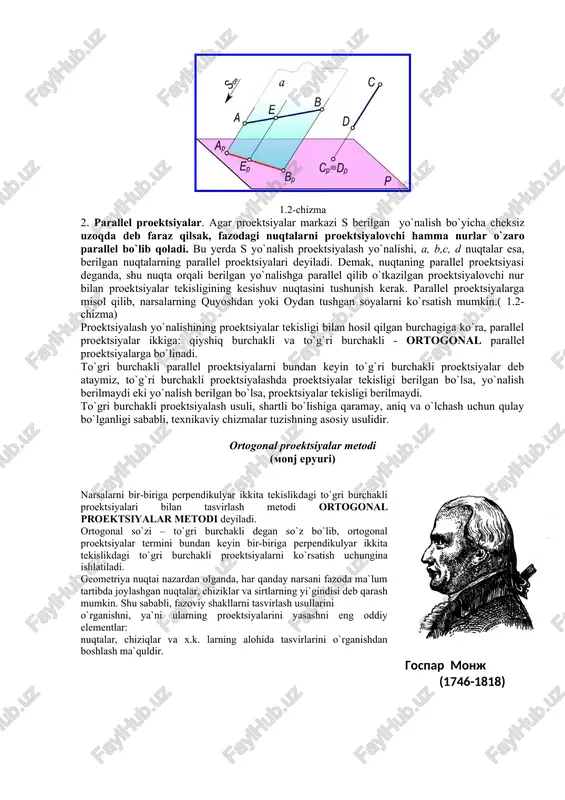rning ayrim nuqtalaridan o`tkazilgan proektsiyalovchi to`g`ri chiziqlar (nurlar) yordamida tekislikka tushirilgan tasviri fazodagi narsaning proektsiyasi deyiladi. chizma geometriyada ikki xil proektsiyalar metodi mavjud: a) markaziy proektsiyalar metodi; b) parallel proektsiyalar metodi. markaziy proektsiyalashning asosiy mohiyati shundan iboratki, bunda proektsiya markazi deb ataluvchi qo`zg`almas nuqta beriladi va hamma proektsiyalash nurlari shu qo`zg`almas nuqtadan o`tadi. markaziy proektsiyalar. fazoda qo`zgalmas s nuqta, r tekislik va a, v, s, f nuqtalar berylgan deb faraz qilaylik. s nuqtani a, v, s, f nuqtalar bilan tutashtirib, hosil bo`lgan chiziqlarni davom ettiramiz. bu chiziqlar r tekislikni a, , s, d nuqtalarda kesib o`tadi. (1.1-chizma) 1.1-chizma (1.1-chizma) p tekislik proektsiyalar tekisligi, s nuqta proektsiyalar markazi, sa, sb, sc, sf chiziqlar proektsiyalovchi nurlar; a, , s, f nuqtalar esa, proektsiyalar deyiladi. demak, nuqtaning proektsiyasi deganda, shu nuqtani proektsiyalovchi nur bilan proektsiyalar tekisligining kesishuv nuqtasini tushunish kerak. fazoning istalgan joyida olingan to`rtta nuqta, umuman, fazoviy shaklni ifodalaydi; shuning uchun tekis …