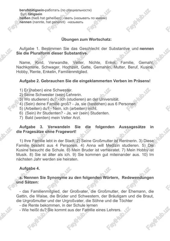 . ichwohnegorki-straße 12. jit na ulitse gorkogo. ich wohne bei meinen eltern. -ya jivu s roditelyami. lernen (lernte, hat gelernt) - uchitsya; izuchat ch-l in der schule lernen - uchitsya v shkole syn. die schule besuchen (besuchte, hat besucht) studieren (studierte, hatstudiert) - uchitsya v visshem uchebnom zavedenii; izuchat predmet an der universität studieren - zanimatsya v universitete medizin studieren - izuchat meditsinu die leistung, die leistungen - uspex, dostijenie sich mühe geben (gab sich, hat sich gegeben) - staratsya, prikladivat usiliya sie gibt sich mühe in mathe.- ona staraetsya v izuchenii matematiki. der beruf, die berufe - professiya er ist lehrer von beruf. - on po professii uchitel. berufstätigsein-rabotat (po spetsialnosti) syn. tätigsein heißen (hieß hat geheißen) -zvat (nazivat po imeni) nennen (nannte, hat genannt) -nazivat übungen zum wortschatz: aufgabe 1. bestimmen sie das geschlecht der substantive und nennen sie die pluralform dieser substantive. name, kind, verwandte, vetter, nichte, …