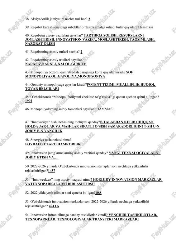 birkorlik faoliyatining shakllari va ularni tashkil etilishi xususiyatlariga qaysilar kiradi? davlat , jamoa , shaxsiy, xusisy, aralash hammasi 37. shaxsiy mulkka asoslanadi, ishlab chiqarishni tashkil qilish o’zi yoki oila a’zolari mehnati asosida amalga oshiriladi bu qaysi tadbirkorlik?yakka tartibdagi 38. aksiyadorlik jamiyatini nechta turi bor? 2 39. raqobat kurashi quyidagi subektlar o’rtasida amalga oshadi bular qaysilar? hammasi 40. raqobatni asosiy vazifalari qaysilar? tartibga solish, resurslarni joylashtirish, innovatsion vazifa, moslashtirish, taqsimlash, nazorat qlish 41. raqobatning asosiy turlari nechta? 2 42. raqobatning asosiy usullari qaysilar? narxsiz,narxli, xalol,girrom 43. monopoliya bozorni qamrab olish darajasiga ko’ra qaysilar kiradi? sof monopoliya,oligapoliya,monopsoniya 44. qonuniy monopoliyaga qaysilar kiradi?potent tizimi, mualliflik huqiqi, tovar belgilari 45. o’zbekistonda “monopol faoliyatni cheklash to’g’risida” gi qonun qachon qabul qilingan? 1992 46. monopoliyalarning salbiy tomonlari qaysilar? hammasi 47. "innovatsiya" tushunchasining mohiyati qanday?b talabdan kelib chiqqan holda jar-lar va mah-lar sifatli o’sish samaradorligini t-sh u-n joriy e-n yangilik 48. sinergiya tushunchasi nima? foydali o’zaro hamkorlik… …