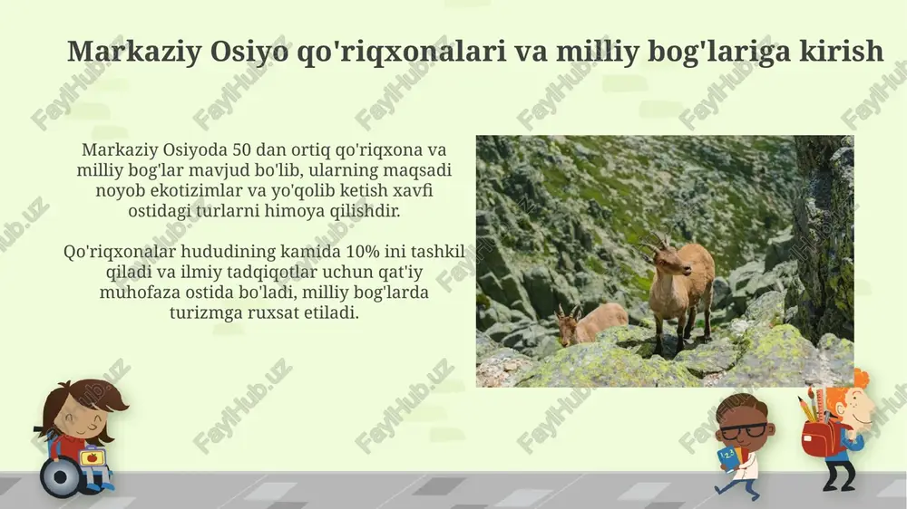 ik xilma-xillikni himoya qilishni maqsad qiladi. xalqaro hamkorlik xalqaro hamkorlik, ayniqsa, transchegaraviy muhofaza qilinadigan hududlarni (tcha) yaratishda muhim rol o'ynaydi, bu esa biologik xilma-xillikni saqlash bo'yicha mintaqaviy strategiyalarni muvofiqlashtirishga yordam beradi. markaziy osiyoda xalqaro hamkorlik muhim, chunki migratsiya qiluvchi hayvonlar uchun yagona himoya strategiyalarini ishlab chiqishga va monitoring qilishga imkon yaratadi, bu esa ularning sonini barqarorlashtiradi. xulosa va istiqbollar markaziy osiyo qo'riqxonalari va milliy bog'larida ekoturizmni 2030 yilgacha rivojlantirish, infratuzilmani yaxshilash va 15% daromadni mahalliy aholiga yo'naltirish maqsadga muvofiq. 2025 yilgacha kamida 5 ta qo'riqlanadigan hududning monitoring tizimini joriy etish, biologik xilma-xillikni saqlash uchun sun'iy intellekt va dronlardan foydalanish istiqbolli. e'tiboringiz uchun rahmat image6.jpg image7.jpg image8.jpg image9.jpg image10.jpg image11.jpg image12.jpg image13.jpg image14.jpg image15.jpg image16.jpg image17.jpg image1.png