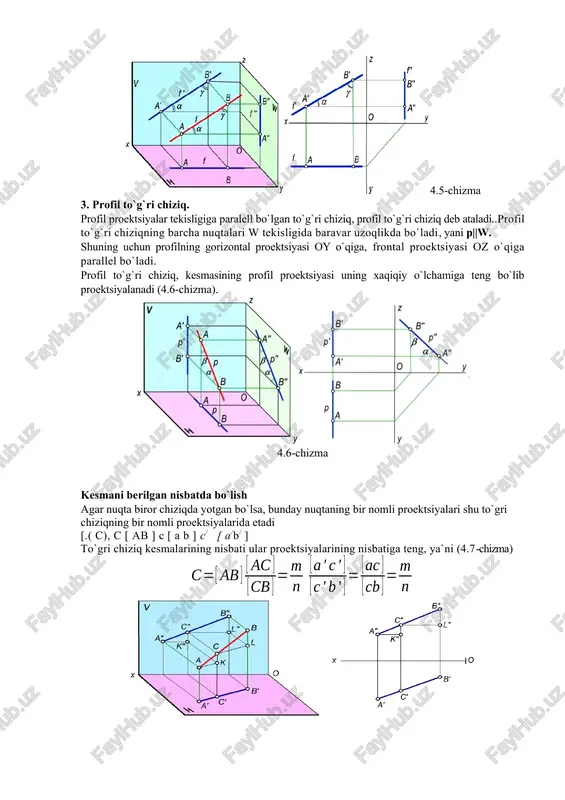 a, keyin esa c/ nuqta topilgan. topilgan c nuqta ab kesmani 2:3 nisbatda bo`ladi. kesmani berilgan nisbatda bo`lish usulidan foqdalanib, epyurda w tekislikka parallel bo`lgan profil chiziqagi nuqtaning bir proektsiyasi bo`yicha ikkinchi proektsiyasini topish mumkin. misol : w ga parallel v to`g`ri chiziqning gorizontal izini shu usul bilan aniqlash chizmadan anqlab olsa bo`ladi. malumki, to`g`ri chiziq gorizontal izining frontal proektsiyasi(m`) uning frontal proektsiyasi(a`b`) ning davomi bilanox o`qining kesishuv joyida bo`ladi. demak, gorizontal proektsiyada shunday m nuqta topish kerakki, undagi kesmalarning nisbati ab : bm = a' b` : b` m` bo`lisin. bu nuqta yordamchi chiziqqa qo`yilgan va kesmalar xamda o`zaro parallel 0va m0m chiziqlar yordamida topilgan. xuddi shu kabi yasash bilan chiziqning frontal izini xam topsa bo`ladi. to`g`ri burchakning proektsiyalanish xususiyatlari 4.7-chizma agar to`g`ri burchakning bir tomoni tekislikka parallel bo`lib, ikkinchi tomoni unga perpendikulyar bo`lmasa, mazkur to`g`ri burchak bu tekislikka xaqiqiy kattaligida proektsiyalanadi. shakldagi abc=90 teng va uning ikki tomonin …