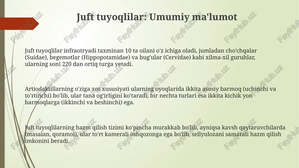 o himoyani ta'minlaydi. ba'zi turkumlar, masalan, kiyiklar o'z hududini belgilaydilar va uni raqobatbardosh erkaklardan himoya qiladilar, ularning ijtimoiy tuzilmasi dominantlik ierarxiyasiga asoslangan. ko'payishi va hayot sikli artiodaktillar ko'pchiligi mavsumiy ko'payadi, urg'ochilari estrus davrida bir necha kun davomida erkaklarni jalb qiladi va 1-3 ta bola tug'adi. g'izollar kabi artiodaktillarda homiladorlik davri taxminan 6-11 oy davom etadi, yangi tug'ilgan bolalar mustaqil bo'lishga tez o'rganadi va bir necha soat ichida yura oladi. ayrim artiodaktillarda, masalan, cho'chqalarda, urg'ochilar bir vaqtning o'zida 10-12 tagacha bola tug'ishi mumkin, ularning hayot sikli tez o'tadi va 1-2 yilda jinsiy yetuklikka erishadi. muhim a'zolari: qoramol qoramolning tish formulasi 0.0.3.3/3.1.3.3 bo'lib, yuqori kesuvchi tishlarning yo'qligini anglatadi; buning o'rniga ular o'tlarni yulib olish uchun qattiq tish plastinkasidan foydalanadilar. qoramolning oshqozoni to'rt qismdan iborat: katta qorin (taxminan 80%), to'r, kitob qorin va shirdon, ularning har biri hazm qilishning o'ziga xos bosqichini ta'minlaydi. qoramol 100 litrgacha so'lak ishlab chiqarishi mumkin. so'lak oshqozon muhitini …
