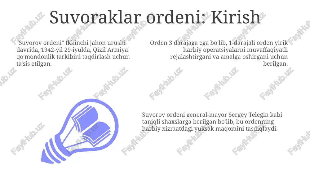 ri yiliga kamida 20 soat jamiyat uchun bepul xizmat ko'rsatish majburiyatiga ega, bu ularning ijtimoiy mas'uliyatini oshiradi va hamjihatlikni mustahkamlaydi. orden a'zolarining imtiyozlaridan biri - bu soliqlardan qisman ozod qilinish, lekin bu ozod qilish darajasi 10% dan 30% gacha bo'lishi mumkin, qonunchilikka muvofiq. orden a'zolarining majburiyatlaridan biri - har chorakda 15000 so'mdan kam bo'lmagan miqdorda xayriya qilish, bu ordenning moliyaviy barqarorligini ta'minlashga yordam beradi. ordenning faoliyati va tadbirlari suvoraklar ordeni sovet ittifoqi davrida harbiy xizmatchilarni taqdirlash uchun yaratilgan. ular 1942-yil 29-iyulda ta'sis etilgan va uch darajali bo'lib, jangovar operatsiyalardagi jasorat uchun berilgan. orden harbiy qo'mondonlik lavozimlaridagi xizmatlari uchun berilgan. masalan, armiya generali yoki front qo'mondoni muvaffaqiyatli hujum operatsiyasini rejalashtirgani va amalga oshirgani uchun orden olishi mumkin. suvoraklar ordeni, odatda, jangovar vaziyatlardagi aniq taktik yutuqlarga erishgan qo'mondonlarga topshirilgan. orden bilan taqdirlash harbiy shon-sharaf va professional muvaffaqiyatning yuqori ko'rsatkichi bo'lgan. ordenning jamiyatdagi o'rni ordenning jamiyatdagi o'rni davlat tuzilmalarida katta rol o'ynaydi, chunki …