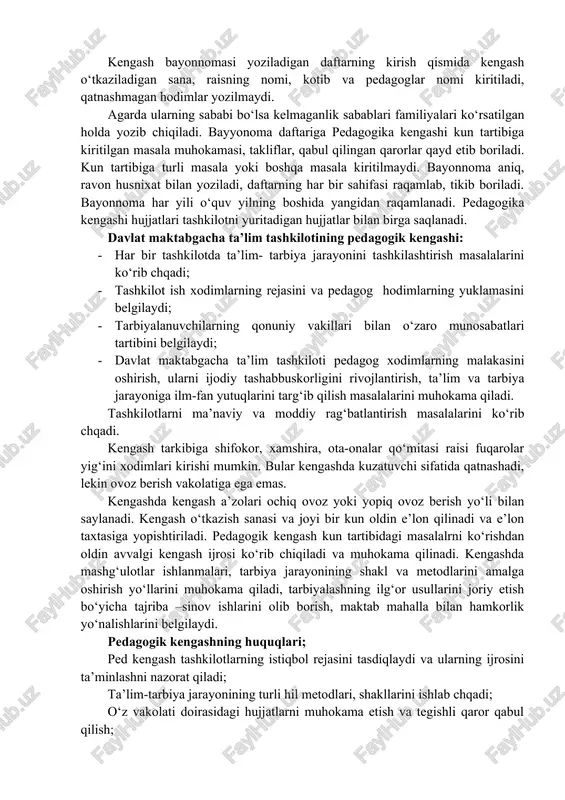 rqali kengash raisi va kotibini saylaydilar, bu rais ota-onalar tomonidan saylanadi. kengash 3 yil muddatga saylanadi. kengash a’zolari tashkilot tarbiyanuvchilari ota-onalarining yig‘ilishida ochiq ovoz berish yo‘li bilan saylanadi. agarda kengash a’zolarining bolalari ushbu tashkilotdan ketsa, ularning ota- onalari ham kengash tarkibidan chqariladi va boshqa ota-ona saylanadi. direktorning yaqin qarindoshlari kengash a’zosi hisoblanmaydi, shuningdek, 3 marta sababsiz kengashda qatnashmasa kengash tarkibidan chqariladi. bu yig‘ilish direktor tomonidan o‘tkaziladi. pedagogika kengashi maktabgacha ta’lim ta’lim muassasi faoliyatini rivojlantirish yo‘nalishini belgilaydi. maktabgacha ta’limni o‘z oldiga qo‘ygan vazifa va maqsadlarini belgilab beradi. tashkilotda faoliyat yuritayotgan hodimlarni ustavi bo‘yicha rag‘bantlashtirish va jazolash masalasini hal qiladi. pedagogika kengashi bayyonoma daftarining yuritilishi: kengash bayonnomasi yoziladigan daftarning kirish qismida kengash o‘tkaziladigan sana, raisning nomi, kotib va pedagoglar nomi kiritiladi, qatnashmagan hodimlar yozilmaydi. agarda ularning sababi bo‘lsa kelmaganlik sabablari familiyalari ko‘rsatilgan holda yozib chiqiladi. bayyonoma daftariga pedagogika kengashi kun tartibiga kiritilgan masala muhokamasi, takliflar, qabul qilingan qarorlar qayd etib boriladi. kun …