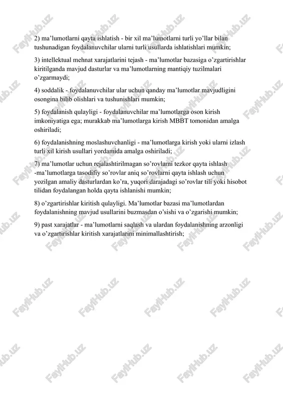 ni talab qiladi. ma’lumotlar bazasining murakkabligi axborotlashtirish hajmi va tuzilishi, uning turlarining xilma-xilligi, fayllar orasidagi bog’lanishlarning ko’pligi, ishlash va ishonchlilik talablari bilan belgilanadi. shu munosabat bilan ma’lumotlar bazalarini tashkil etishga qo’yiladigan asosiy talablar aniqlandi: 1) ma’lumotlar bazasi amaliy dasturlarning kelajakda o’sishi uchun asosdir. ma’lumotlar bazalari ilovalarni ishlab chiqishni oson, tezroq va arzonlashtirishi kerak; 2) ma’lumotlarni qayta ishlatish - bir xil ma’lumotlarni turli yo’llar bilan tushunadigan foydalanuvchilar ularni turli usullarda ishlatishlari mumkin; 3) intellektual mehnat xarajatlarini tejash - ma’lumotlar bazasiga o’zgartirishlar kiritilganda mavjud dasturlar va ma’lumotlarning mantiqiy tuzilmalari o’zgarmaydi; 4) soddalik - foydalanuvchilar ular uchun qanday ma’lumotlar mavjudligini osongina bilib olishlari va tushunishlari mumkin; 5) foydalanish qulayligi - foydalanuvchilar ma’lumotlarga oson kirish imkoniyatiga ega; murakkab ma’lumotlarga kirish mbbt tomonidan amalga oshiriladi; 6) foydalanishning moslashuvchanligi - ma’lumotlarga kirish yoki ularni izlash turli xil kirish usullari yordamida amalga oshiriladi; 7) ma’lumotlar uchun rejalashtirilmagan so’rovlarni tezkor qayta ishlash -ma’lumotlarga tasodifiy so’rovlar aniq so’rovlarni qayta …