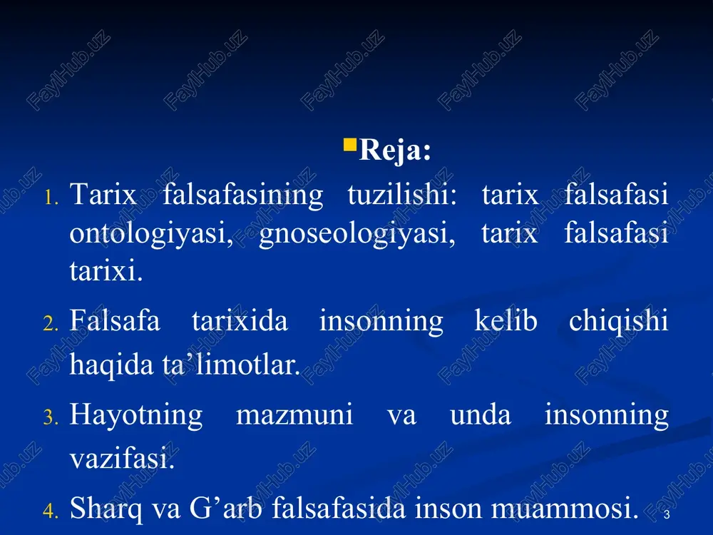 ni bilish metodlarini asoslovchi bo'limi. 19 tarix falsafasining tuzilishi tarix falsafasi ontologiyasi tarix falsafasi gnoseologiyasi tarix falsafasi tarixi tarix falsafasi antropologiyasi 20 tarix falsafasining funktsiyalari dunyoqarashga doir funktsiyasi nazariy funktsiyasi metodologik funktsiyasi prognostik funktsiyasi 21 diniy-mifologik teologik ontologik aksiologik texnokratik idealistik naturalizm ob'ektiv idealizm gnoseologik naturalistik tarix falsafasining kontseptsiyalari 22 tarix falsafasining uch muhim yo'nalishi progressiv, regressiv tsiklli 23 hozirgi zamon tarix falsafasida tarixiy jarayon mantig'i va yo'nalishini tushuntirishga nisbatan ikki asosiy yondashuv formatsion yondashuv tsivizatsion yondashuv 24 xulosalar: tarix falsafasi – bu falsafaning tarixiy jarayon mazmuni, uning qonuniyatlari va asosiy yo'nalishlarini tushuntirish bilan shug'ullanuvchi, shuningdek uni bilish metodlarini asoslovchi bo'limi. quyidagilar tarix falsafasining tarkibiy qismlari hisoblanadi: tarix falsafasi ontologiyasi, tarix falsafasi gnoseologiyasi, tarix falsafasi tarixi, tarix falsafasi antropologiyasi. tarix falsafasining dunyoqarashga doir, nazariy, metodologik va prognostik funktsiyalari farqlanadi. tarix falsafasining hozirgi kontseptsiyalari orasida gnoseologik yo'nalish (tanqidiy tarix falsafasi), ontologik kontseptsiya, aksiologik kontseptsiya, tarixning texnokratik kontseptsiyalari alohida o'rin egallaydi. formatsion …