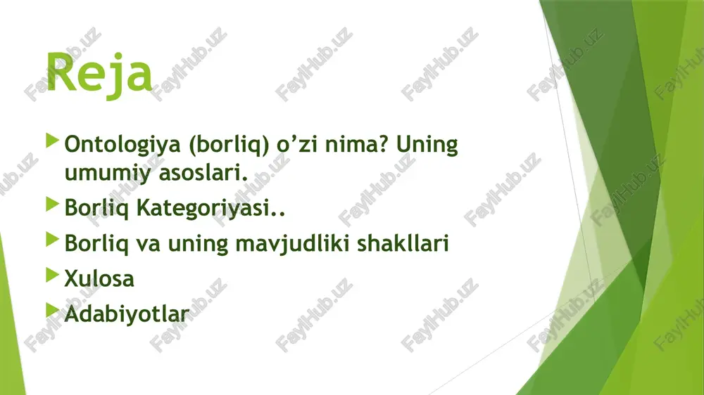 gini ifodalasa, vaqt hodisalarning ketma-ketligi, jarayonlarning davomiyligini ifodalaydi. fazo va vaqtning xususiyatlari. fazo va vaqt borliq miqdoriy va sifatiy jihatlarni ifodalashiga qarab, metrik va topologik xususiyatlarga ega. fazo va vaqtning metrik xususiyatlari borliqning miqdoriy munosabatlarini aks ettirib, o`lchanadigan, ko`zga tashlanadigan va nisbiy tabiatli xususiyatlaridir. ularga ko`lam, bir jinslilik, izotroplik (anizotroplik) kabi xususiyatlar kiradi. fazo va vaqt tushunchalari, ko`p hollarda, forsiy til ta’sirida yozilgan adabiyotlarda makon va zamon deb ham ataladi. bu tushunchalar fazo va vaqtning tashqi, nisbiy xususiyatlarinigina aks ettiradi, xolos. fazo narsalar joylashadigan joy ma’nosida, vaqt esa hodisalar bo`lib o`tadigan muddat ma’nosida ishlatiladi. ijtimoiy borliq ayrim insonning jamiyatdagi borlig‘i va jamiyatning borlig‘iga bo‘linadi. har bir inson boshqa odamlar bilan muttasil aloqa qiladi,turli ijtimoiy guruhlar: oila, ishlab chiqarish jamoasi, millatning a’zosi hisoblanadi. u boshqa individlar bilan yaqin aloqa qilib yashaydi. odamlarning barcha faoliyati mazkur sotsiumga xos bo‘lgan ijtimoiy munosabatlar,chunonchi: siyosiy, huquqiy, iqtisodiy, axloqiy va boshqa munosabatlar doirasida amalga oshiriladi. xulosa …