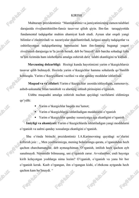 o‘tkazuvchanlik 106107 marta o‘zgarishi mumkin. metall va suyuqliklar bunday xususiyatga ega bo‘lmaydi. metall va yarim o’tkazgichlarda solishtirma qarshilik bilan temperatura orasidagi bog’lanish. endi yarim o’tkazgichlarda elektr o’tkazuvchanlikning temperaturaga bog’liqligini o’rganamiz. energiya aktivligini (ea) topamiz. == =- 2-rasm. yarim o‘tkazgichning asosiy xususiyatidan bittasi unga defekt kiritish yo‘li bilan uning xossasin boshqarish mumkin. masalan: yarim o‘tkazgichga boshqa metall atomlari kiritilsa yarim o‘tkazgichning xossalari keskin ortadi yarim o‘tkazgichlar temperaturaga, aralashma-kirishma miqdori va boshqa tashqi ta’sirlarga juda sezgirdir. yarim o‘tkazgichning buxossasidan turlixil vazifalarni bajaruvchi asboblar, sezgir qurilmalar yasashda foydalaniladi. yarim o‘tkazgichlar qanday kimyoviy elementlardan tashkil topganiga qarab to’rtta turga ajratish mumkin. birinchi tur-davriy jadvalning iv guruh elementlari ge va si lar kiradi. bu elementlar to‘rt valentli elektronga ega bo‘lib, kovalent(atom) bog‘li kristall panjarasi hosil qiladi. ular bir element atomlaridan tuzulgani uchun elementar(sodda) yarim o‘tkazgichlar deyiladi. ikkinchi tur-yarim o‘tkazgichlarga davriy sistemaning iii guruh elementlari (al,ga,jn) bilan v guruh elementlari (p, as, sb) ning birikmalari kiradi. …