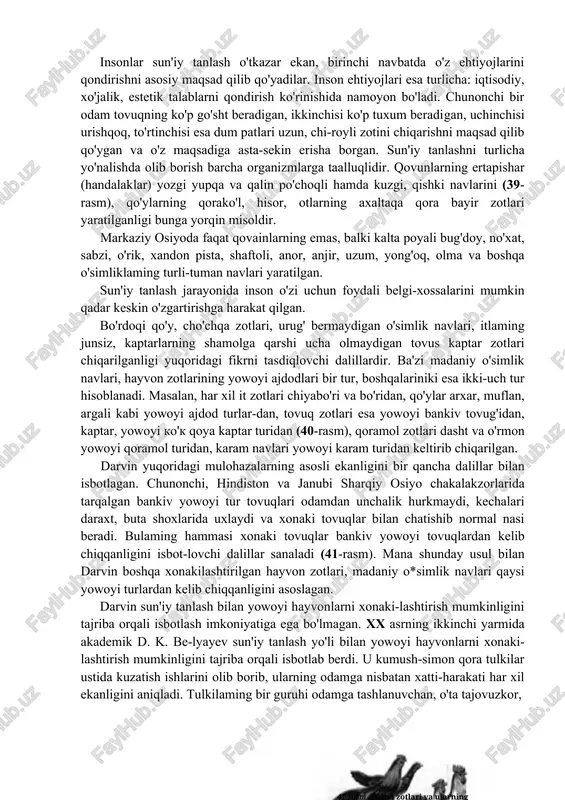 urishqoq, to'rtinchisi esa dum patlari uzun, chi-royli zotini chiqarishni maqsad qilib qo'ygan va o'z maqsadiga asta-sekin erisha borgan. sun'iy tanlashni turlicha yo'nalishda olib borish barcha organizmlarga taalluqlidir. qovunlarning ertapishar (handalaklar) yozgi yupqa va qalin po'choqli hamda kuzgi, qishki navlarini (39-rasm), qo'ylarning qorako'l, hisor, otlarning axaltaqa qora bayir zotlari yaratilganligi bunga yorqin misoldir. markaziy osiyoda faqat qovainlarning emas, balki kalta poyali bug'doy, no'xat, sabzi, o'rik, xandon pista, shaftoli, anor, anjir, uzum, yong'oq, olma va boshqa o'simliklaming turli-tuman navlari yaratilgan. sun'iy tanlash jarayonida inson o'zi uchun foydali belgi-xossalarini mumkin qadar keskin o'zgartirishga harakat qilgan. bo'rdoqi qo'y, cho'chqa zotlari, urug' bermaydigan o'simlik navlari, itlaming junsiz, kaptarlarning shamolga qarshi ucha olmaydigan tovus kaptar zotlari chiqarilganligi yuqoridagi fikrni tasdiqlovchi dalillardir. ba'zi madaniy o'simlik navlari, hayvon zotlarining yowoyi ajdodlari bir tur, boshqalariniki esa ikki-uch tur hisoblanadi. masalan, har xil it zotlari chiyabo'ri va bo'ridan, qo'ylar arxar, muflan, argali kabi yowoyi ajdod turlar-dan, tovuq zotlari esa yowoyi …