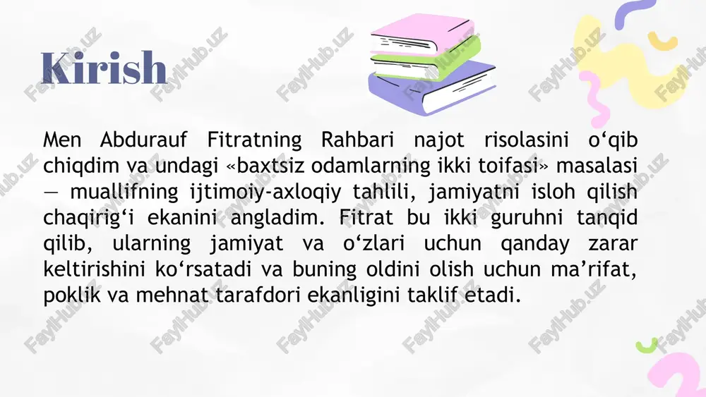 ishi hozirgi ijtimoiy tarbiya va ma’naviyat sohalarida foydali qo‘llanma bo‘la oladi. tahliliy eslatma: muallifning tili og‘riqli, pedagogik va amaliy — u tanqid bilan birga yechimlar ham beradi; shuning uchun rahbari najot nafaqat nazariy risola, balki ma’rifat asari sifatida qadrlanadi. xulosa abdurauf fitrat rahbari najotda «baxtsiz odamlarning ikki toifasi»ni — (1) dunyoviy maximalistlar (faqat yeyish-uxtirish), va (2) dunyoni butunlay tark etib, faqat oxiratga qaratilgan passivlar — sifatida tahlil qiladi. u har ikkala tur ham jamiyat taraqqiyotiga to‘sqinlik qiladi, shuning uchun u ta’lim-ma’rifat, mehnat va dunyo-oxirat muvozanati orqali ularni «najot»ga olib chiqishni taklif etadi. fitratning ushbu g‘oyalari jadidchilik ma’rifatparvarligi doirasida ijod etilgan bo‘lib, bugungi kunda ham ijtimoiy tarbiya va ma’naviyat masalalariga oid muhim saboqlar beradi. e’tiboringiz uchun rahmat! image9.svg image10.png image11.svg image1.jpeg image2.png image3.svg image4.png image5.svg image6.png image7.svg image8.png image19.png image20.svg image21.png image22.svg image23.png image24.svg image12.jpeg image13.png image14.svg image15.png image16.svg image17.png image18.svg image25.png image26.svg image27.png image28.svg image29.png image30.svg image31.jpeg image32.png image33.svg image34.png …