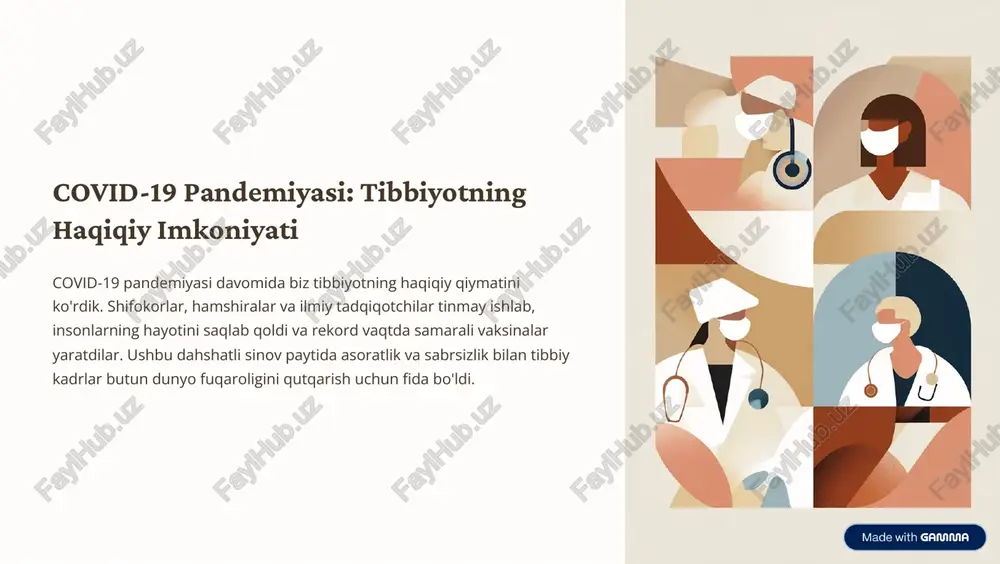 r, shifokorlar va har bir fuqaro birgalikda ishlaslari kerak. https://gamma.app/?utm_source=made-with-gamma xulosa: sog'lom va baxtli dunyoni qurish tibbiyot faqat kasallik davolashi emas, balki insonlarning sog'ligini, baxtini va umrini saqlash sohasi. uni rivojlantirib va qo'llab-quvvatlash orqali biz barcha uchun sog'lom, baxtli va farovon kelajak qurishimiz mumkin. har bir yoshning, har bir jamiyatning, har bir davlatning bu vazifada katta mas'uliyati bor. https://gamma.app/?utm_source=made-with-gamma