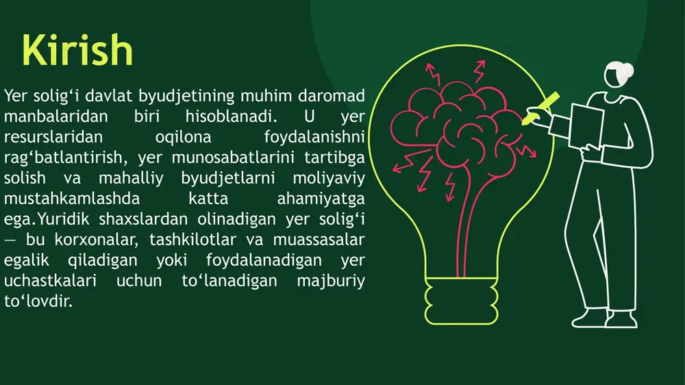 olig‘i hisobini yuritish va hisobot topshirish tartibi soliq imtiyozlari va ularning yuridik shaxslarga ta’siri yer solig‘i stavkalari va ularni belgilash mezonlari soliq imtiyozlari va ularning yuridik shaxslarga ta’siri yuridik shaxslar uchun yer solig‘i stavkalari yer resurslarining samarali boshqaruvini ta’minlash maqsadida mahalliy hokimiyat organlari tomonidan belgilanishi mumkin bo‘lgan moslashuvchan tizimga ega. soliq kodeksining 425-moddasiga ko‘ra, qishloq xo‘jaligiga mo‘ljallanmagan yerlar uchun soliq bazasi yerning kadastri qiymati hisoblanadi, stavka esa bazaviy ko‘rsatkichning 1,5 foizini tashkil etadi. biroq, 2025 yilda bu stavkalar 10 foizga oshirilgan bo‘lib, yuridik va jismoniy shaxslar uchun umumiy bazaviy stavkalar yangilangan yer solig‘i bo‘yicha soliq imtiyozlari yuridik shaxslarning investitsiya faoliyatini rag‘batlantirish va iqtisodiy o‘sishni ta’minlash uchun muhim vositadir. soliq kodeksining 427-moddasiga ko‘ra, imtiyozlar yerning maxsus foydalanishi yoki korxonaning statusiga asosan beriladi. masalan, erkin iqtisodiy zonalar (eiz) da ro‘yxatdan o‘tgan yuridik shaxslar yer solig‘idan 5 yil muddatga ozod qilinadi, bu esa xorijiy investitsiyalarni jalb etishda samarali. 2025 yilda yangi imtiyoz sifatida …