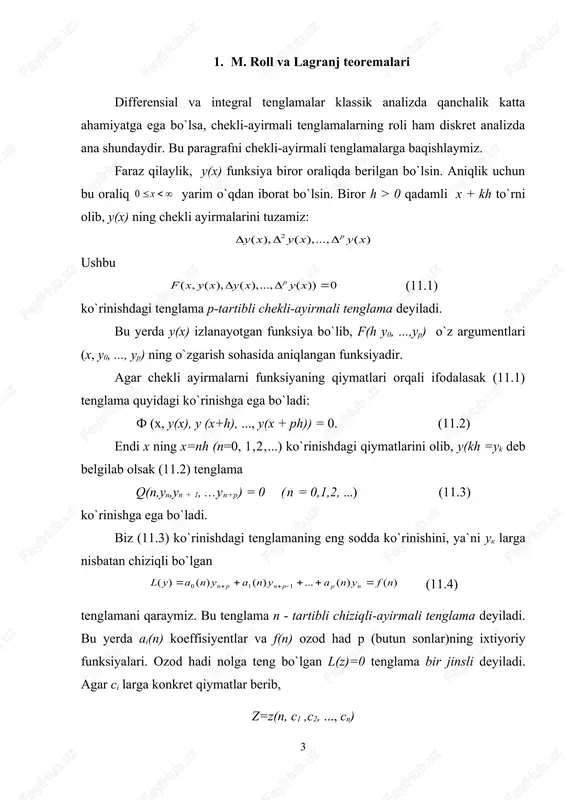 maning umumiy yechimi bilan bir jinsli bo`lmagan tenglamaning xususiy yechimining yig`indisiga teng: u = z + . agar barchasi birdaniga nolga teng bo`lmagan s1, s2, ..., st lar mavjud bo`lib, (11.5) o`rinli bo`lsa, u holda bir jinsli tenglama l(u) =0 ning i(1), i(2),..., i(t) yechimlari argumentning si. = 0(i = 1,n) da bajarilsa, bu yechimlar chiziqli erkli deyiladi. agar z(i) bir jinsli tenglama l(z) = 0 ning yechimi bo`lsa, u holda ularning chiziqli kombinatsiyaci ham bu tenglamaning yechimi bo`ladi, chunki qulaylik uchun (11.4) tenglamaning p 0 qiymatlar uchun qaraymiz. teorema. faraz qilaylik, barcha p 0 uchun a0(p) 0 bo`lib, ai(p) lar chegaralangan bo`lsin. u holda l(z) = 0 bir jinsli tenglamaning umumiy yechimi (11.6) bo`lib funksiyalar l(z) = 0 ning chiziqli erkli yechimlaridir. isbot. (11.4) tenglamani quyidagi (f(n) = 0 bo`lganda) ko`rinishda yozib olamiz. agar z0,, z1 ..., z n berilgan bo`lsa, (11.4) dan ketma-ket zp , zp +1 ,… …