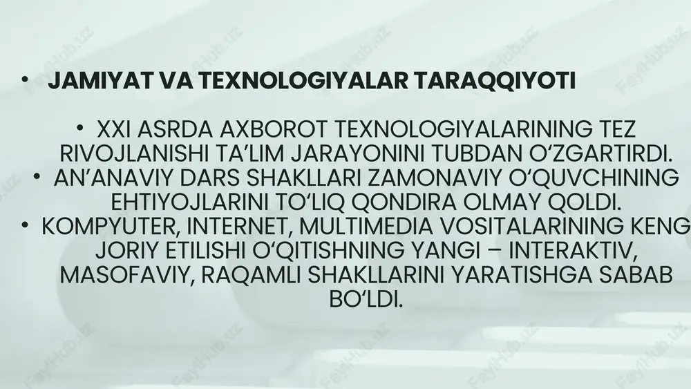 i bo‘lsa, noan’anaviy shakllarda darsning tuzilishi moslashuvchan, mavzu va guruh xususiyatiga qarab o‘zgaradi. o‘qituvchi darsni ijodiy ssenariy asosida tashkil etadi. masalan: loyiha darsi, o‘yin darsi, integratsiyalashgan dars, trening yoki seminar tarzida o‘tkazilishi mumkin. innovatsion va integratsion xarakter noan’anaviy shakllar ko‘pincha turli fanlarni integratsiya qilish orqali amalga oshiriladi. masalan, “steam ta’limi” — bu fan, texnologiya, muhandislik, san’at va matematikani birlashtirgan yondashuv. bu o‘quvchilarda kompleks tafakkurni shakllantiradi. noan’anaviy ta’lim shakllarining turlari va ularning amaliy qo‘llanilishi zamonaviy ta’lim tizimida o‘quvchilarning bilim olish jarayonini faollashtirish, ularni mustaqil fikrlash va amaliy faoliyatga jalb etish maqsadida noan’anaviy ta’lim shakllari keng qo‘llanilmoqda. quyida ularning asosiy turlari va amaliy qo‘llanilishi yoritiladi. turlari 1 muammoli ta’lim (problem-based learning) mazmuni: muammoli ta’limda o‘quvchi oldiga amaliy yoki nazariy muammo qo‘yiladi. o‘quvchi uni o‘zi yechish jarayonida yangi bilim hosil qiladi. 2 loyihaviy o‘qitish (project-based learning) mazmuni: bu usulda o‘quvchilar ma’lum bir mavzu bo‘yicha loyiha yaratadilar — tadqiqot olib boradilar, natijalarni tahlil qiladilar …