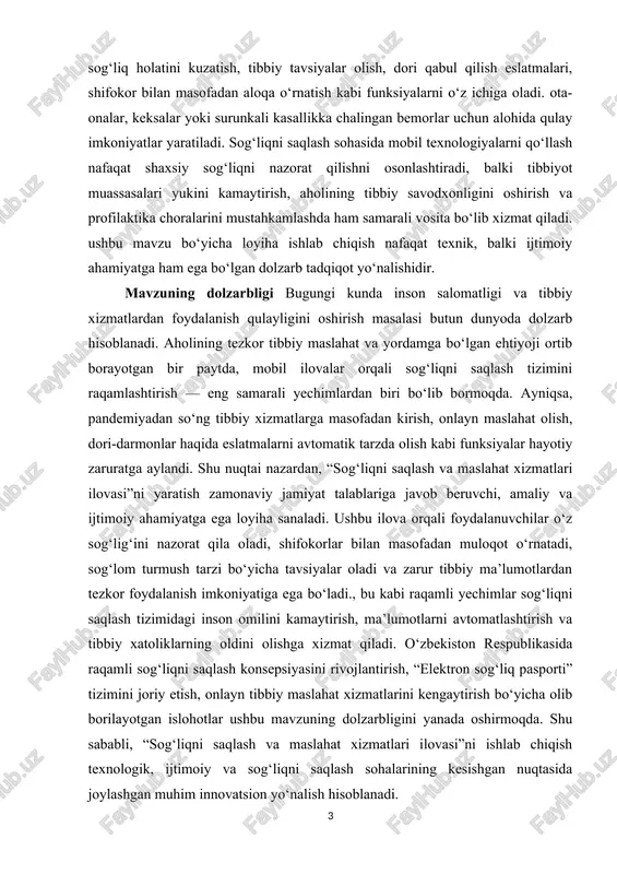 olzarbligini yanada oshirmoqda. shu sababli, “sog‘liqni saqlash va maslahat xizmatlari ilovasi”ni ishlab chiqish texnologik, ijtimoiy va sog‘liqni saqlash sohalarining kesishgan nuqtasida joylashgan muhim innovatsion yo‘nalish hisoblanadi. mavzuning ahamiyati “sog‘liqni saqlash va maslahat xizmatlari ilovasi”ni yaratishning ahamiyati juda katta, chunki u zamonaviy texnologiyalarni inson salomatligi bilan chambarchas bog‘laydi. ushbu loyiha tibbiy xizmatlardan foydalanish imkoniyatini kengaytiradi, ayniqsa, uzoq hududlarda yashovchi aholiga shifokor bilan masofadan muloqot qilish, maslahat olish va tibbiy ko‘rsatmalarga amal qilish imkonini beradi. ilovaning eng muhim jihatlaridan biri – sog‘liqni nazorat qilish jarayonini soddalashtirishdir. foydalanuvchilar o‘z qon bosimi, yurak urishi, qadam soni, uyqu sifati kabi ko‘rsatkichlarini kuzatib borishi, shu orqali sog‘lom turmush tarziga rioya qilishi mumkin. bundan tashqari, shifokorlar uchun ham bu ilova ahamiyatlidir, chunki ular bemorlarning holatini masofadan monitoring qilish, davolash jarayonini tahlil qilish va individual tavsiyalar berish imkoniga ega bo‘ladilar. aholining tibbiy savodxonligini oshirish ham ushbu ilovaning asosiy maqsadlaridan biridir. ilova foydalanuvchilarga sog‘lom ovqatlanish, jismoniy faollik, stressni boshqarish …