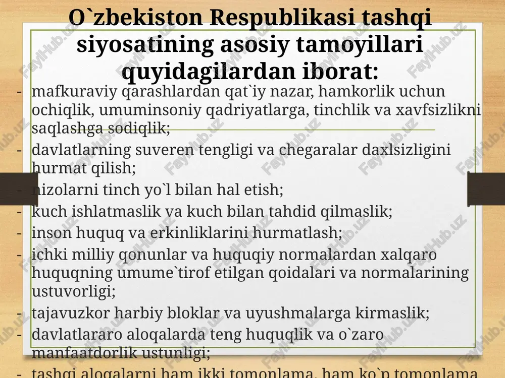 lik tashkilotining imtiyoz va immunitetlari to`g`risidagi konvensiya ratifikatsiya qilinsin. toshkent shahri, 2004 yil 27 avgust o`zbekiston respublikasi № 675-11 oliy majlis raisi e.xalilov 176 o`zbekiston respublikasi hukumati bilan shanxay hamkorlik tashkiloti o`rtasida shanxay hamkorlik tashkiloti mintaqaviy aksilterror tuzilmasining o`zbekiston respublikasida bo`lish shartlari to`g`risidagi bitimni ratifikasiya qilish haqida o`zbekiston respublikasi vazirlar mahkamasi taklifini ko`rib chiqib, o`zbekiston respublikasi oliy majlisi qaror qiladi: o`zbekistan respublikasi hukumati bilan shanxay hamkorlikt ashkiloti o`rtasida shanxay hamkorlik tashkiloti mintaqaviy aksilterror tuzilmasining o`zbekiston respublikasida bo`lish shartlari to`g`risidagi bitim ratifikasiya qilinsin. toshkent shahri, 2004 yil 27 avgust o`zbekiston respublikasi № 676-11 oliy majlis raisi e.xalilov xalqaro munosabatlarni rivojlantirishda o`zbekiston diplomatik munosabatlarni quyidagi qadriyatlar asosida olib bormoqda: - jahon hamjamiyati tomonidan e`tirof etilgan demokratik qadriyatlar - xalqaro huquq asosida o`z tashqi siyosatini yuritish - munosabatlarda kuch ishlatmaslik, muzokaralar yordamida muammolarni hal etish - boshqa davlatlarning ishki ishlariga aralashmaslik - davlarlarning suveriniteti hududiy yaxlitligini hurmat qilish muhim ahamiyatga egadir. o`zbekistonning jahon …