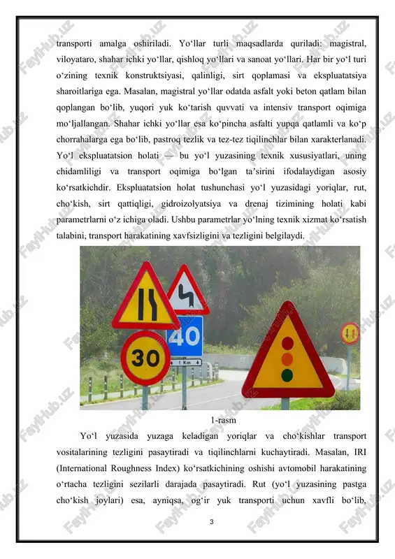 masining past skid resistance ko‘rsatkichlari yomg‘ir yoki qorli ob-havo sharoitida transport xavfsizligini keskin pasaytiradi. yo‘l holatini monitoring qilishda profilometriya, vizual inspeksiya, foto va video qaydlar, skid-resistance o‘lchash qurilmalari va gis xaritalardan foydalaniladi. ushbu ma’lumotlar asosida transport boshqaruv tizimlari yo‘l bo‘g‘inlarini texnik xizmat ko‘rsatish va taʼmirga qaysi tartibda jalb qilishni belgilaydi. ekspluatatsion holatning pasayishi nafaqat transport oqimining samaradorligini kamaytiradi, balki yo‘l-transport hodisalarini ko‘paytiradi va yo‘lni taʼmirlash xarajatlarini oshiradi. shu sababli, yo‘l boshqaruvi tizimida ekspluatatsion monitoringni muntazam olib borish, yo‘l yuzasi sifatini baholash va profilaktik taʼmir ishlarini o‘z vaqtida amalga oshirish muhim ahamiyatga ega. avtomobil yo‘llarining ekspluatatsion holati transport tizimining samaradorligi va xavfsizligini belgilovchi asosiy omil hisoblanadi. ushbu holatning tahlili va unga qarshi profilaktik choralarni ishlab chiqish nafaqat iqtisodiy jihatdan foydali, balki ijtimoiy xavfsizlikni taʼminlash nuqtai nazaridan ham zarurdir. yo‘l yuzasining ekspluatatsion holatiga taʼsir qiluvchi asosiy omillar bir necha turga bo‘linadi: tabiiy-iqlim sharoitlari, transport yukining intensivligi va turli texnik xizmat ko‘rsatish darajasi. …