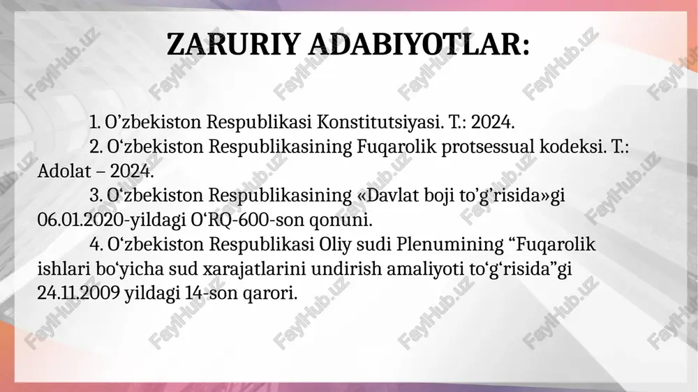 qat’iy, avvaldan belgilangan stavkada undiriladi. hozirgi kunda oddiy davlat bojining miqdori bhmga bilan bog‘liq. masalan, nikohdan ajratish haqidagi da’vo arizalaridan eng kam ish haqining 2 barobari miqdorida davlat boji undiriladi proporsional davlat boji da’vo bahosiga nisbatan foiz bilan hisoblab undiriladi. masalan, mulkiy tusdagi da’volar bo‘yicha da’vo bahosining 4 foizi miqdorida, biroq bhmdan kam bo‘lmagan miqdorda davlat boji to‘lanadi. fuqarolik ishlari bo‘yicha sudlarda davlat bojini to‘lashdan ozod qilish da’vogarlar ish haqini undirish to‘g‘risidagi da’volar va mehnat huquqlari munosabatlaridan kelib chiqadigan boshqa talablar yuzasidan da’vogarlar alimentlar undirish to‘g‘risidagi da’volar yuzasidan da’vogarlar mehnatda mayib bo‘lganligi yoki sog‘lig‘ining boshqacha tarzda shikastlanganligi, shuningdek boquvchisi vafot etganligi tufayli yetkazilgan zararning o‘rnini qoplash to‘g‘risidagi da’volar yuzasidan da’vogarlar qonunga xilof ravishda hukm etganlik, jinoiy javobgarlikka tortganlik, ma’muriy jazo berganlik tufayli jismoniy shaxsga yetkazilgan zararning o‘rnini qoplash bilan bog‘liq nizolar yuzasidan da’vogarlar jinoyat tufayli yetkazilgan moddiy zararning o‘rnini qoplash to‘g‘risidagi da’volar yuzasidan fuqarolik ishlari bo‘yicha sudlarda davlat bojini to‘lashdan …