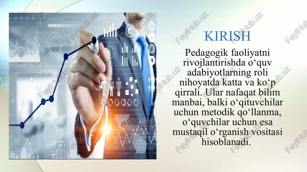 sh: • ishda keltirilgan tahlillar va xulosalar pedagoglarga o‘z faoliyatida o‘quv adabiyotlaridan samarali foydalanishga yordam beradi. • ishlab chiqilgan metodik tavsiyalar pedagoglarga darslarni rejalashtirish, o‘quv materiallarini tanlash va o‘quvchilarni baholashda qo‘l keladi. 3. o‘quv adabiyotlarini yaratish jarayonini takomillashtirish: • ishda o‘quv adabiyotlariga qo‘yiladigan talablar aniqlashtiriladi, bu esa yangi o‘quv adabiyotlarini yaratishda yo‘l-yo‘riq bo‘lib xizmat qiladi. • ishda keltirilgan takliflar o‘quv adabiyotlarini yaratish va nashr etish jarayonini optimallashtirishga, resurslardan samarali foydalanishga yordam beradi. 4. ta’lim tizimini rivojlantirishga hissa qo‘shish: • ish natijalari ta’lim siyosatini shakllantirishda, o‘quv dasturlarini takomillashtirishda va o‘quv resurslarini taqsimlashda foydalanilishi mumkin. • ishda ilgari surilgan g‘oyalar va takliflar ta’lim sohasidagi ilmiy tadqiqotlar uchun asos bo‘lishi mumkin quyida o‘quv adabiyotlarning pedagogik faoliyatga ta’sirini batafsil ko‘rib chiqamiz: 1. bilim berish va o‘qitish: bilim manbai: o‘quv adabiyotlari, xususan darsliklar, o‘quvchilar uchun fan asoslarini o‘zlashtirishda asosiy manba bo‘lib xizmat qiladi. ular belgilangan o‘quv dasturiga muvofiq, tizimli va izchil ravishda ma’lumotlarni taqdim etadi. …