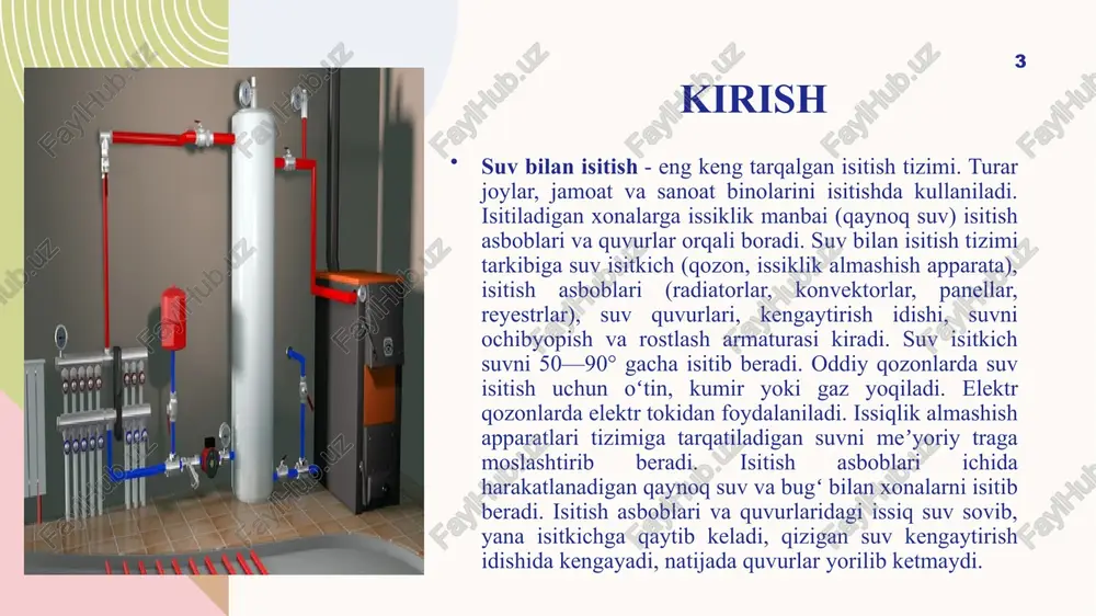 am oatchilik ishlari bilan mashg‘ul bo'lgan odamlar uchun eng qulay sharoit, ya’ni me’yoriy mikroiqlim yaratishga qaratilganligi bilan ahamiyatlidir. binolarda mikroiqlim yaratishning asoslari quyidagilar: binolami isitish, issiq havo bilan ta’minlash, xonalarda havo haroratini tekis taqsimlash, havo almashtirish va havo tezligi, havo namligi va hokazolar. bulaming ichida asosiy ko‘rsatkichlardan biri - binolarni isitish bo ‘lib, hozirgi davrda butun dunyoda dolzarb masalalardan biri bo‘lgan issiqlik energiyasi bilan bog‘liq. butun dunyodagi yoqilg‘i zaxiralarining yarmidan ortig‘i bino va inshootlarni kommunal ma’muriy va maishiy ehtiyojlarini issiqlik bilan ta’minlashga sarf bo'ladi. foydalanilgan adabiyotlar 1. bogolovskiy b.h. stroitelnaya teplofizika. u chebnik dlya vuzov. -2-e izd. -m .: vissh. shk. 1982. -415 s. 2. bogolovskiy v.n., skanavn a.n. otoplenie. uchebnik d l ya vuzov. -m .: stroyizdat, 1991. - 736 s. 3. b o b o ev s .m . p r i m en en i e m al o en er go yom ki x m eto …